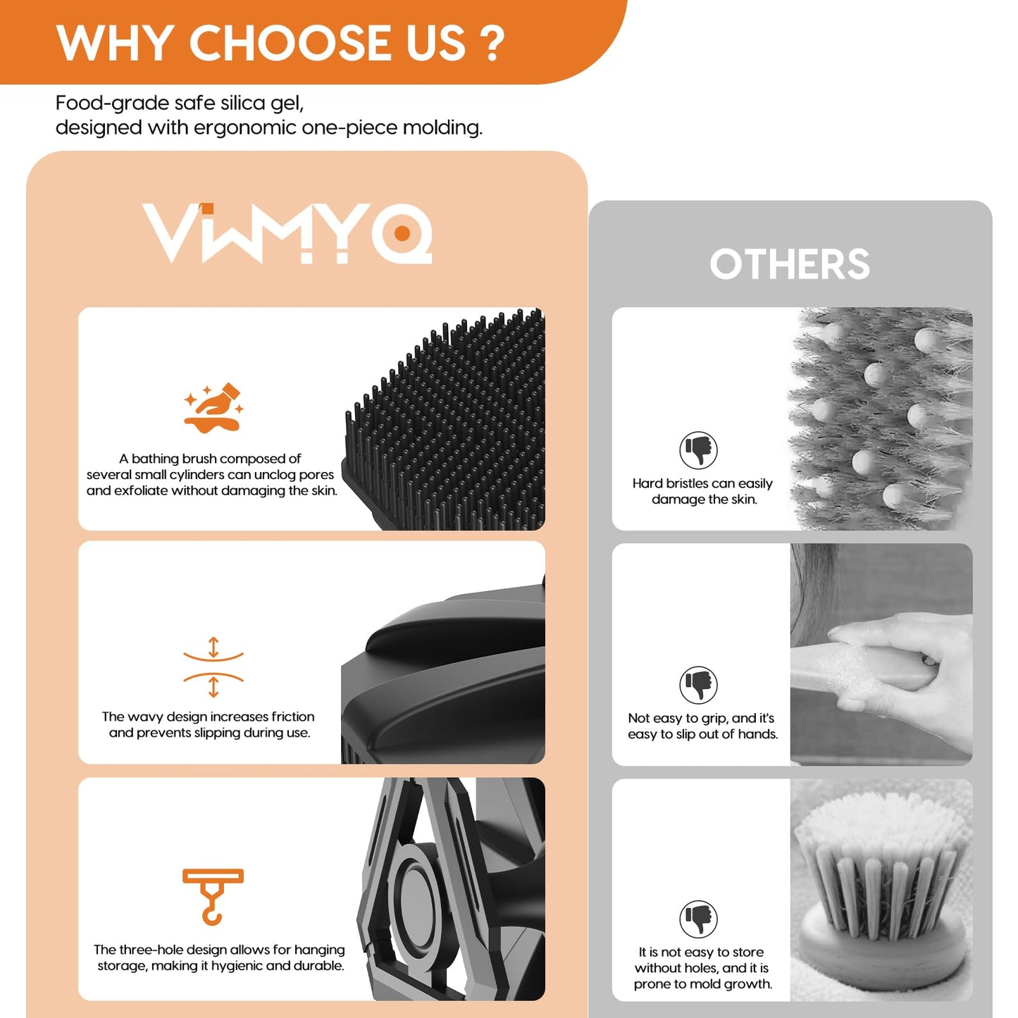 Silicone Body Scrubber, Non-Slip Handheld Cleansing Brush, Rich Foam, Deep Exfoliation, Brightening Skin, Comfortable Massage, for All Skin Types, Men and Women (Black)