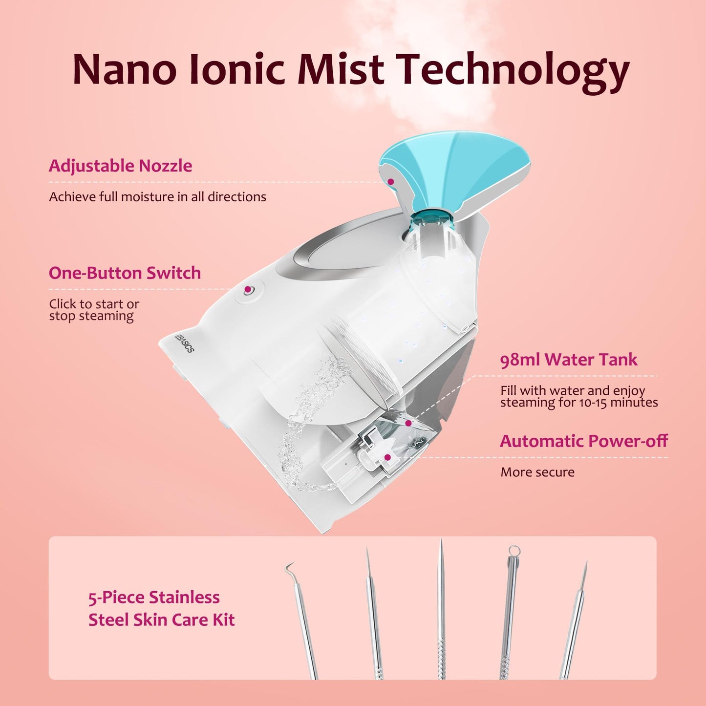 EZBASICS Facial Steamer - Professional Nano Ionic Face Steamer for Facial Deep Cleaning, Warm Mist Humidifier for Home Spa, Unclogs Pores Sinus, Bonus 5 Piece Stainless Steel Skin Kit (Blue)