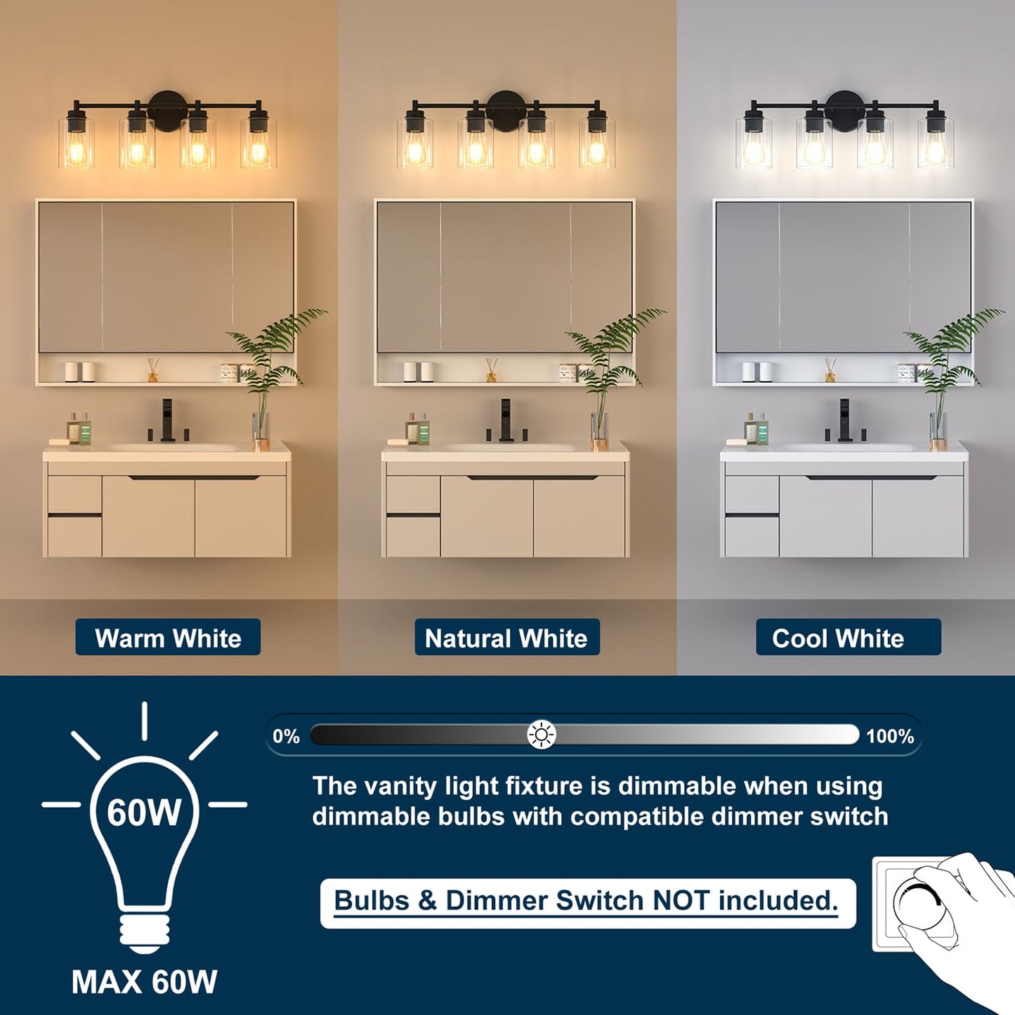 Sobrovo 4-Light Bathroom Light Fixtures, Matte Black Modern Vanity Light with Clear Glass Shades, Bathroom Sconce for Mirror Living Room Cabinet Bedroom Porch,E26 Base(Bulbs Not Included)