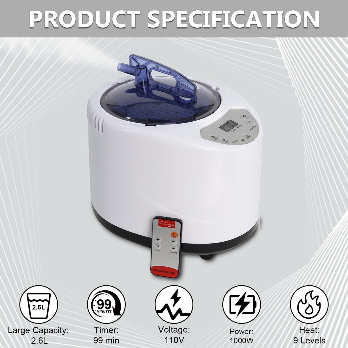 Femitu Sauna Steamer Machine 2.6L 1000W, Steam Generator for Sauna, Portable Sauna Steamer with Remote Control for Home SPA Body Relaxation Shower, Adjustable Steam Settings
