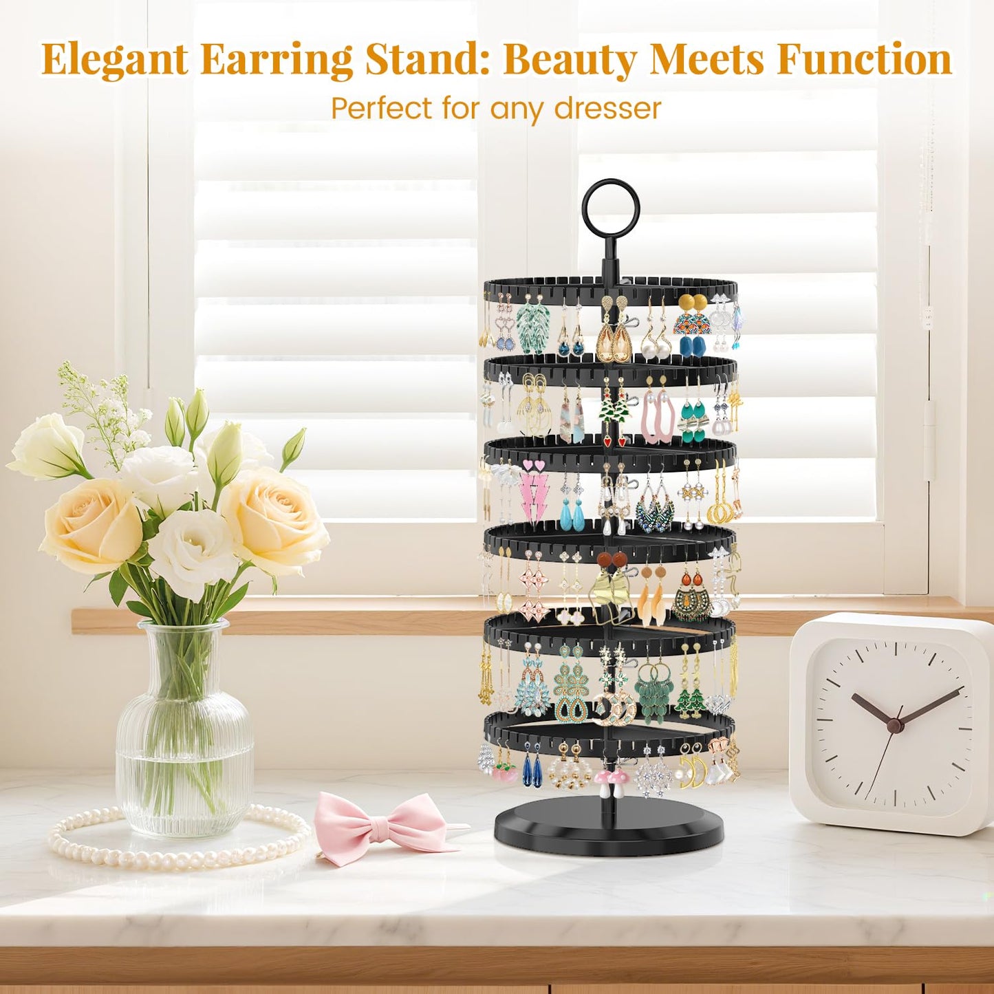 EsLuker.ly Earring Holder Organizer Rotating Stud Display Tree Rack with 342 U-Slots for Women Girls, Large Adjustable 6 Tier Plastic Storage Stand with Metal Tray for Pierced Hoop Post Earring, Black