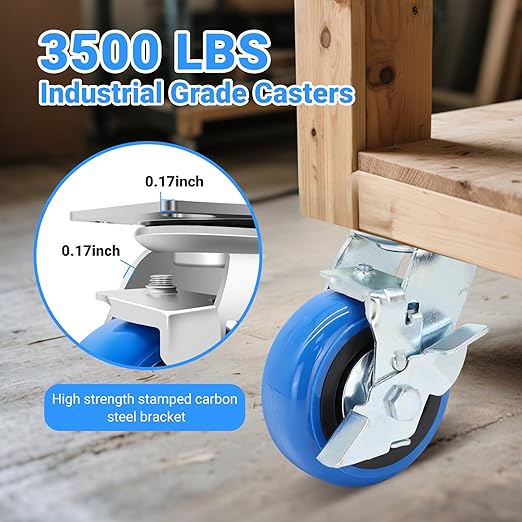 W B D WEIBIDA 5 Inch Heavy Duty Casters Set of 4, Smooth Rolling Caster Design for Cart Wheels, 3500 LBS Industrial Grade Castors with Upgraded Thickened Bracket, Durable Castors (4 Brake)