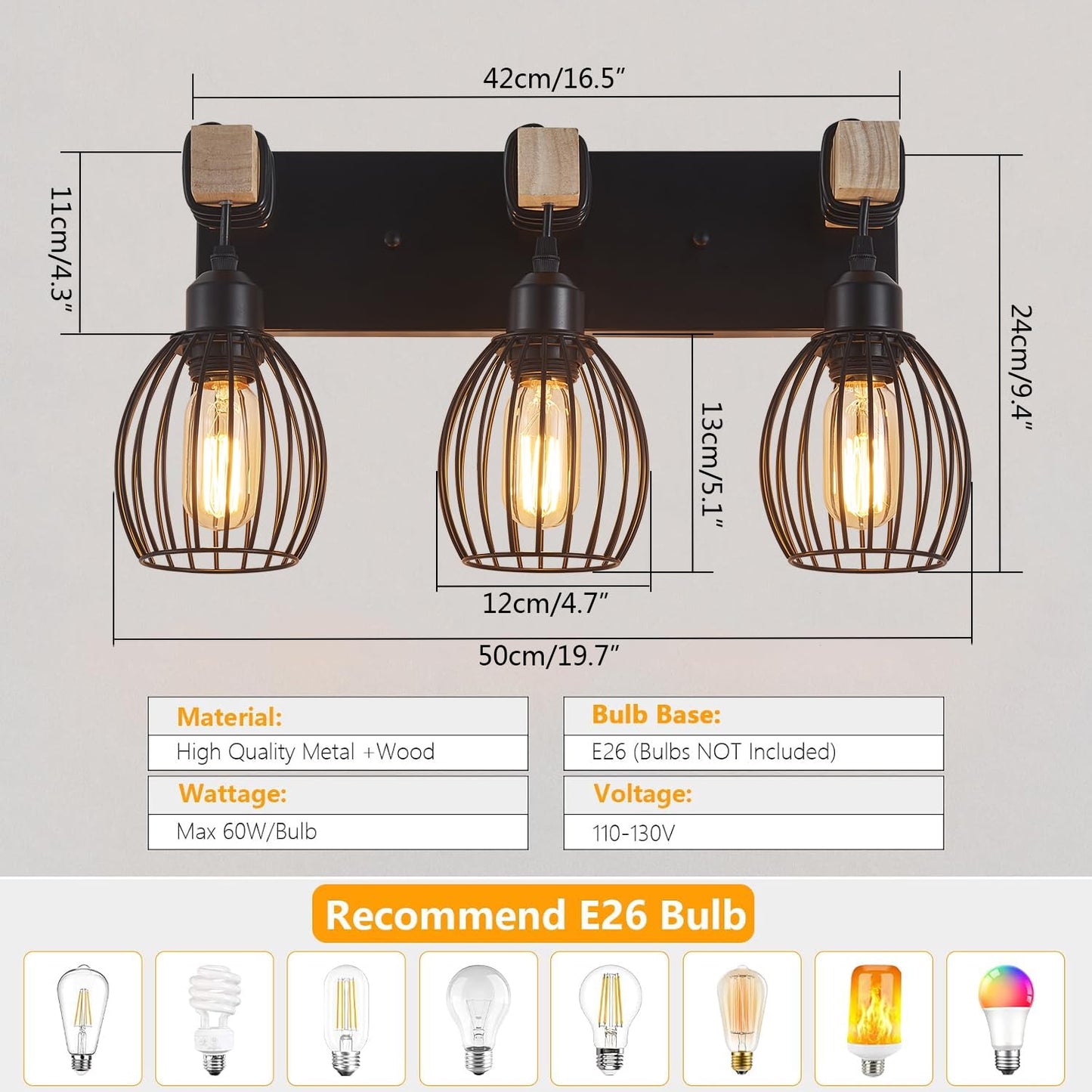 A1A9 Farmhouse Bathroom Vanity Light, 3-Light Rustic Wood Bathroom Lighting Fixtures Over Mirror, Industrial Black Vanity Lights with Elegant Teardrop Lampshade for Bedroom Living Room Hallway