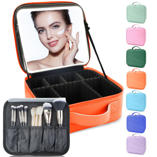 SUILU Makeup Bag with Led Mirror,with 3 Color Setting,Portable Storage and Adjustable Dividers Travel Makeup Bag, for Women and Makeup Artists Large Vanity Makeup Cases-Orange