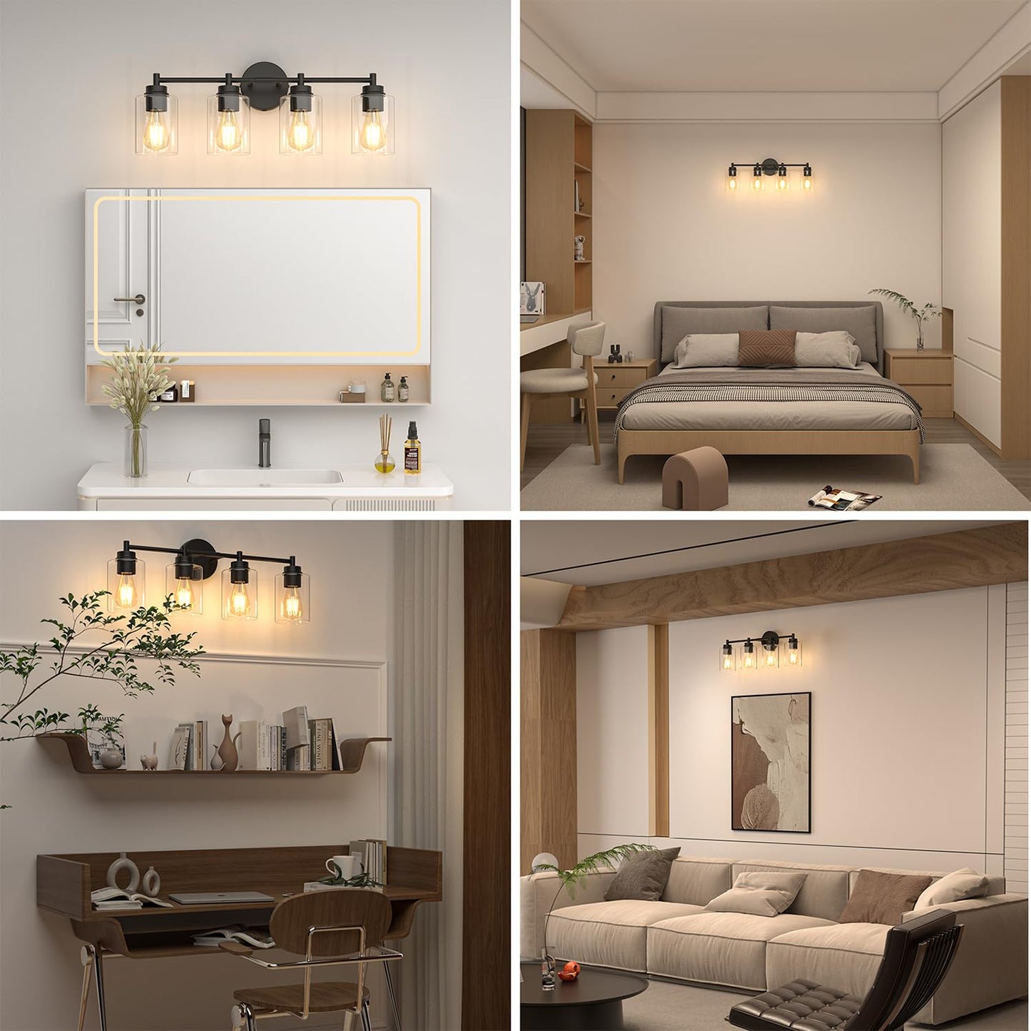Sobrovo 4-Light Bathroom Light Fixtures, Matte Black Modern Vanity Light with Clear Glass Shades, Bathroom Sconce for Mirror Living Room Cabinet Bedroom Porch,E26 Base(Bulbs Not Included)