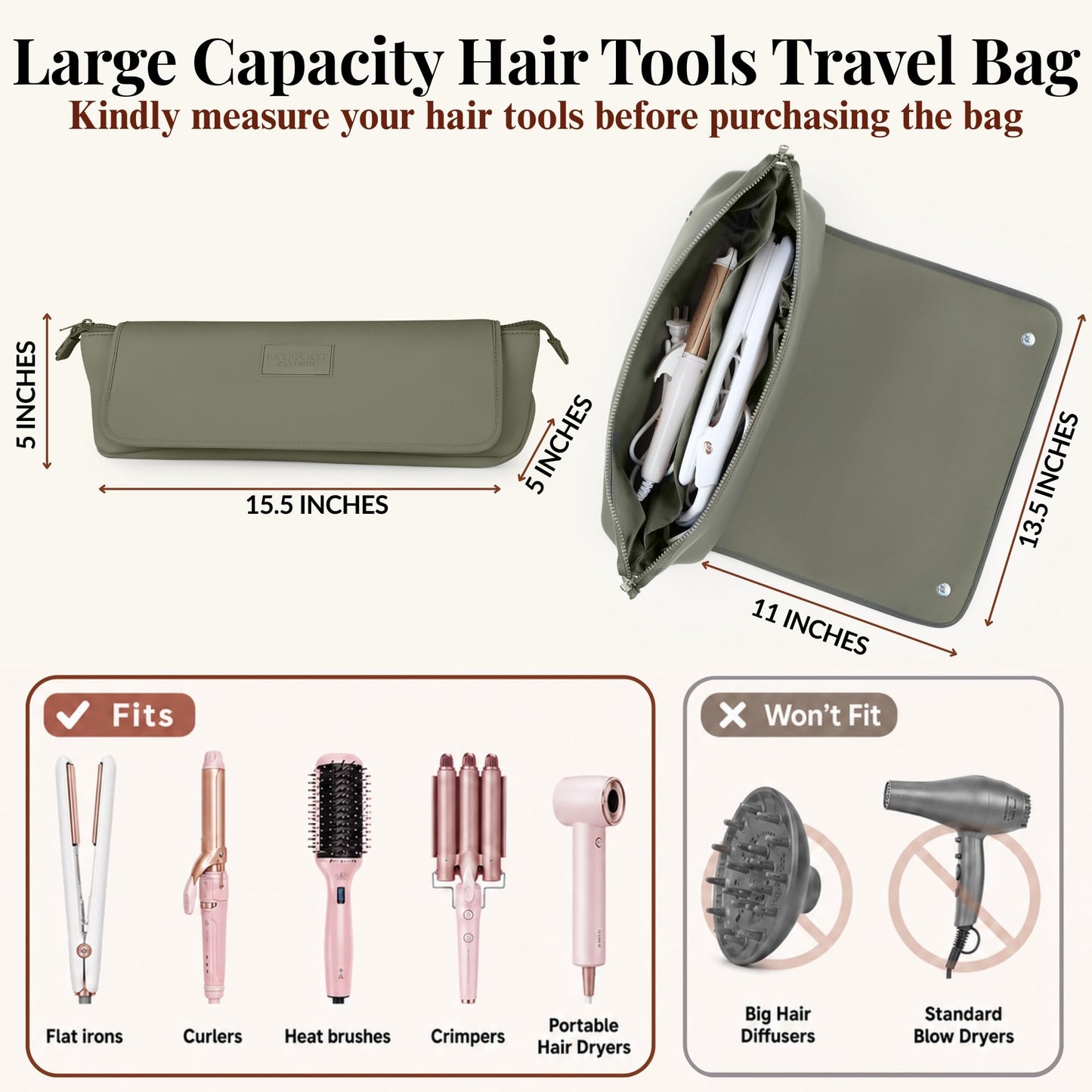 BAREFOOT CARIBOU Hair Tools Travel Bag and Heat Resistant Mat (15.5") for Flat Irons, Straighteners, Curling Iron, Haircare Accessories, 2-in-1 design, Interior Pockets, Portable Organizer (Olive)