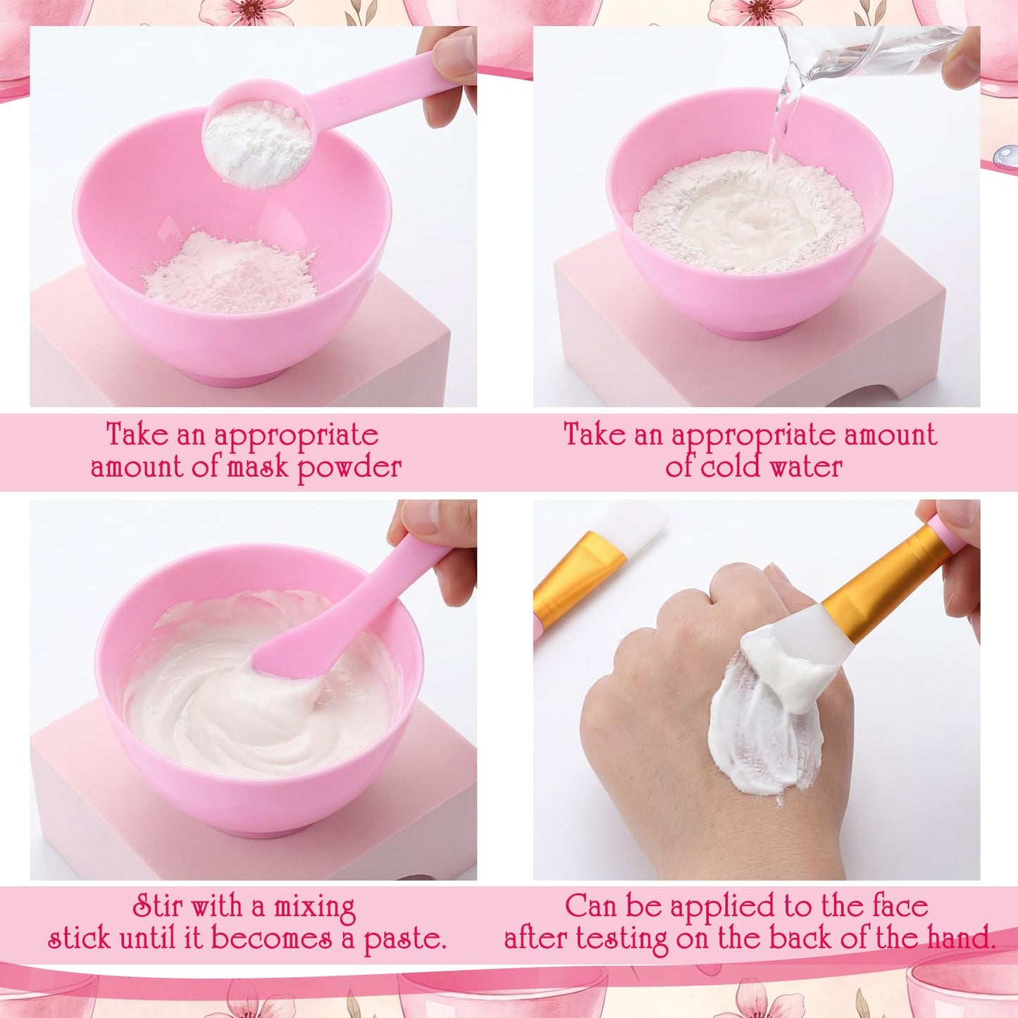 Ferrochef 6 Sets Face Mask Mixing Bowl Set, 30 Pcs 5 in 1 DIY Tool Kit with Facial Mask Bowl Stick Spatula Silicone Soft Brush Smooth Pink Facial Brushes