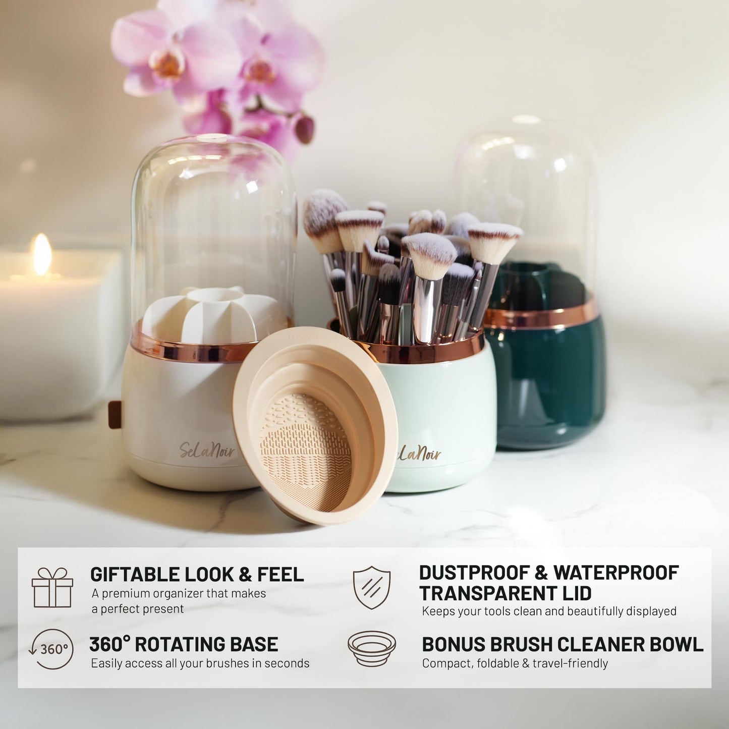 Selanoir Rotating Makeup Brush Holder with Lid Dustproof Vanity Organizer for Makeup Brushes, Bonus Foldable Makeup Brush Cleaner Bowl Included
