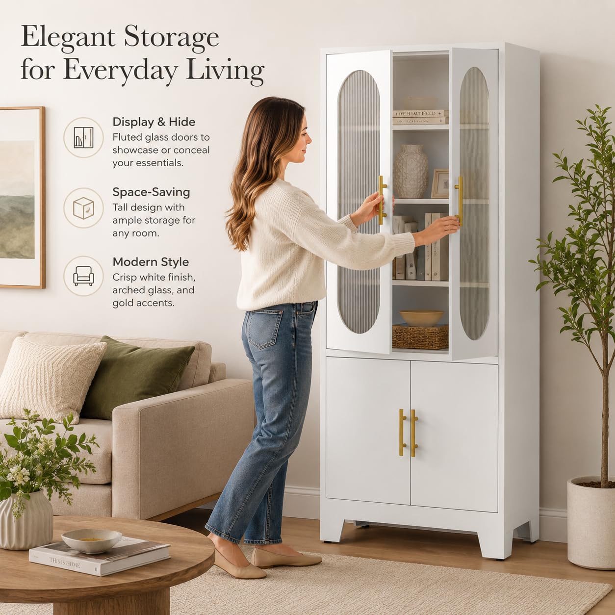 Garvee 74" H Tall Storage Cabinet, Freestanding Pantry Cabinet, Frosted Glass and Fluted Doors, 4 Door Cabinet with Adjustable Shelf, for Kitchen, Bathroom, Dining Room, Living Room, Office, White