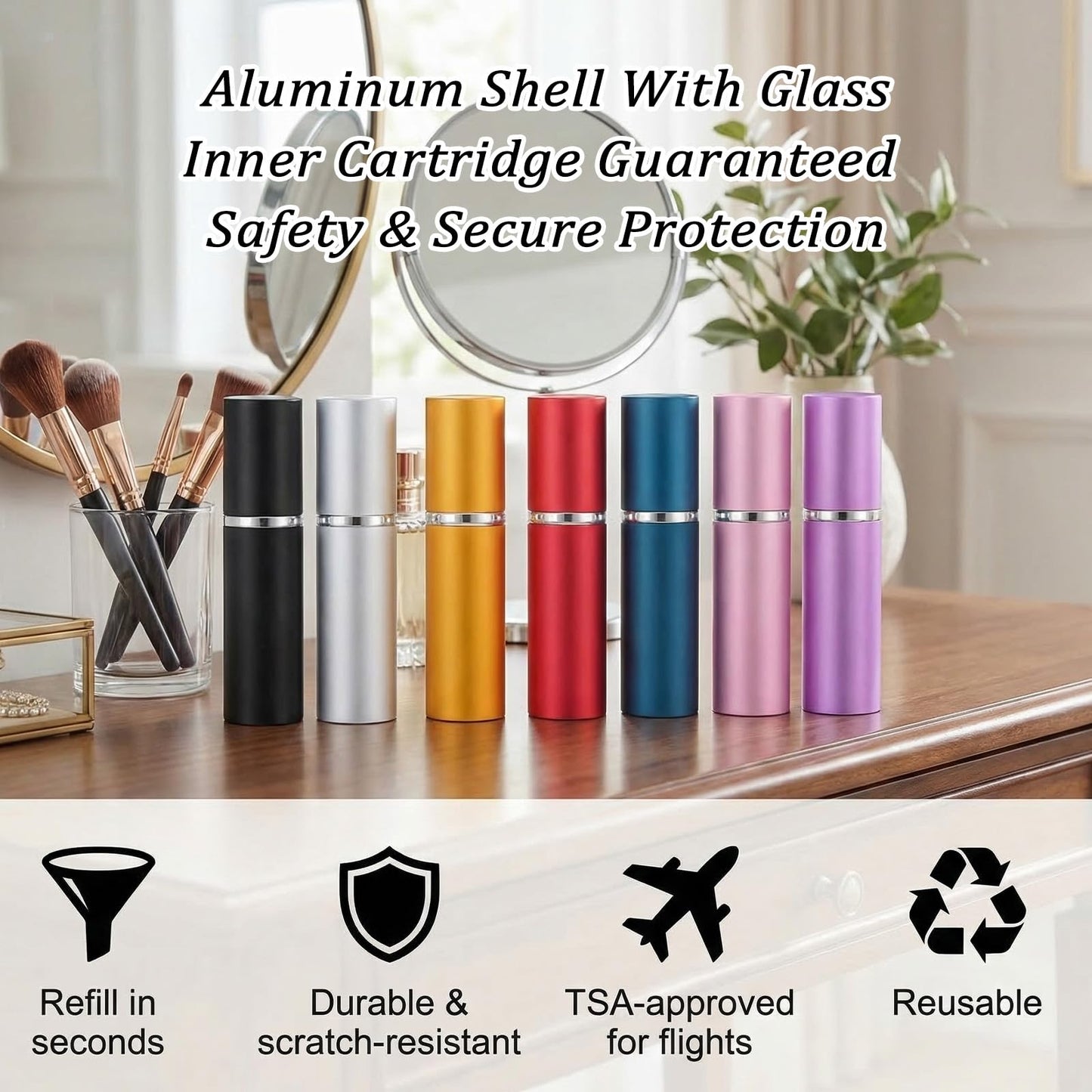 kenaeooe 28 Pcs 10ml Refillable Perfume Atomizer Bottles, Travel-Size Perfume Travel Refillable Sprayers with Pump in 7 Colors (Blue, Black, Gold, Silver, Pink, Purple, Red)