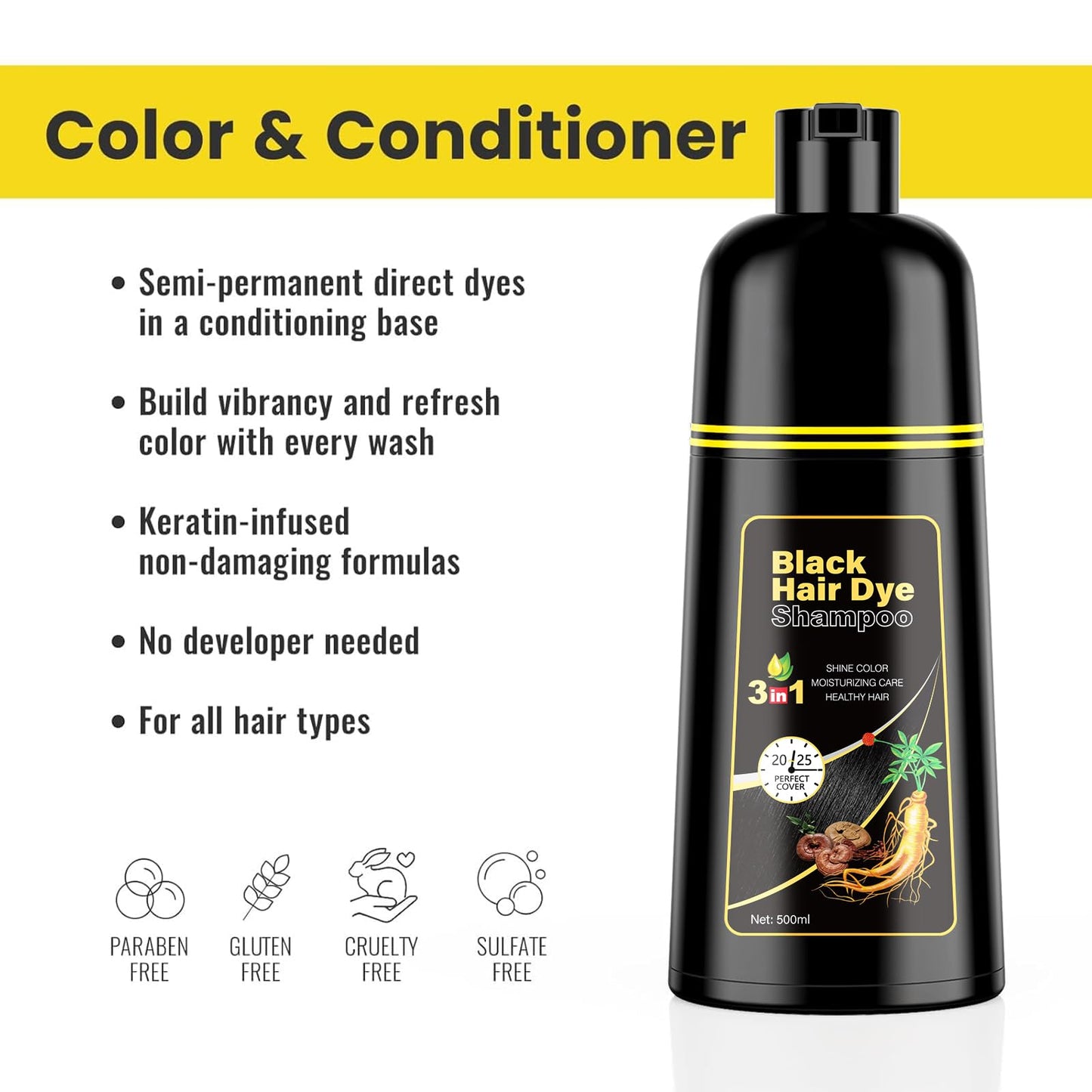 KINGMING Black Hair Dye Shampoo 3 in 1 for Gray Hair, Hair Color Shampoo for Women Men Grey Hair Coverage, Herbal Ingredients Champu Con Tinte Para Canas 500ml (Black).