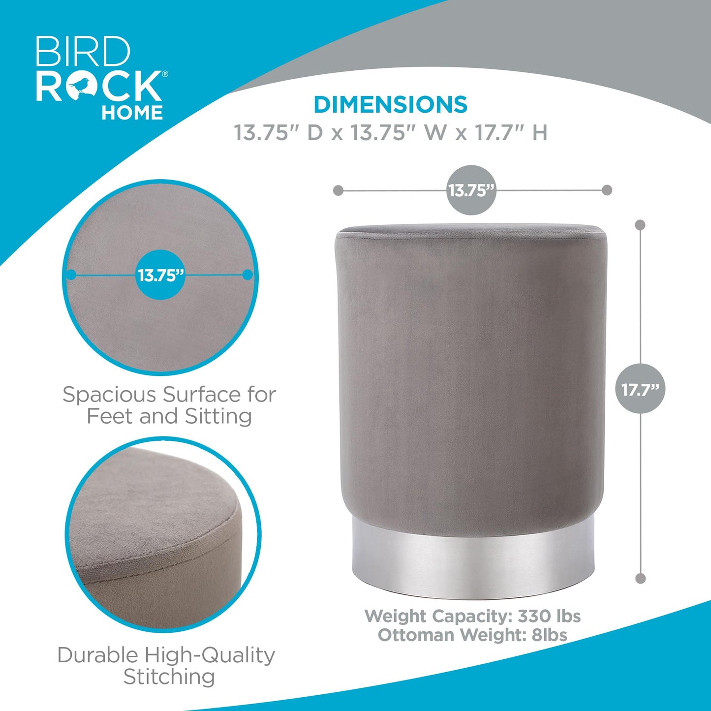 BIRDROCK HOME Round Ottoman Foot Stool – Modern Soft Padded Velvet Vanity Chair with Silver Metal Trim – Accent Chair or Foot Rest for Living Room, Bedroom, or Dressing Room (Gray)