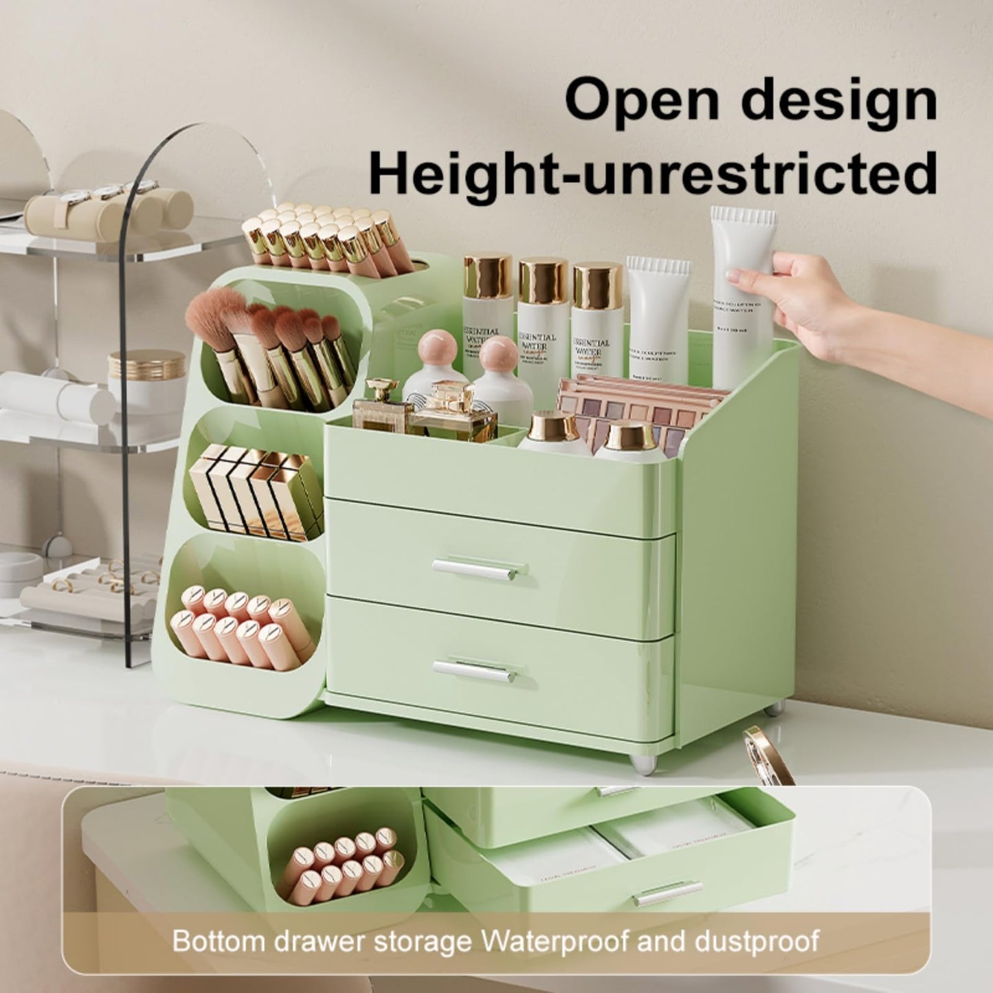 Booklov Makeup Organizer for Vanity, Large Capacity Cosmetic Display Case with Drawers, Countertop Beauty Storage Holder for Skincare, Brush Eyeliner Perfume Eyeshadow Lipsticks, Counter Desk, Green