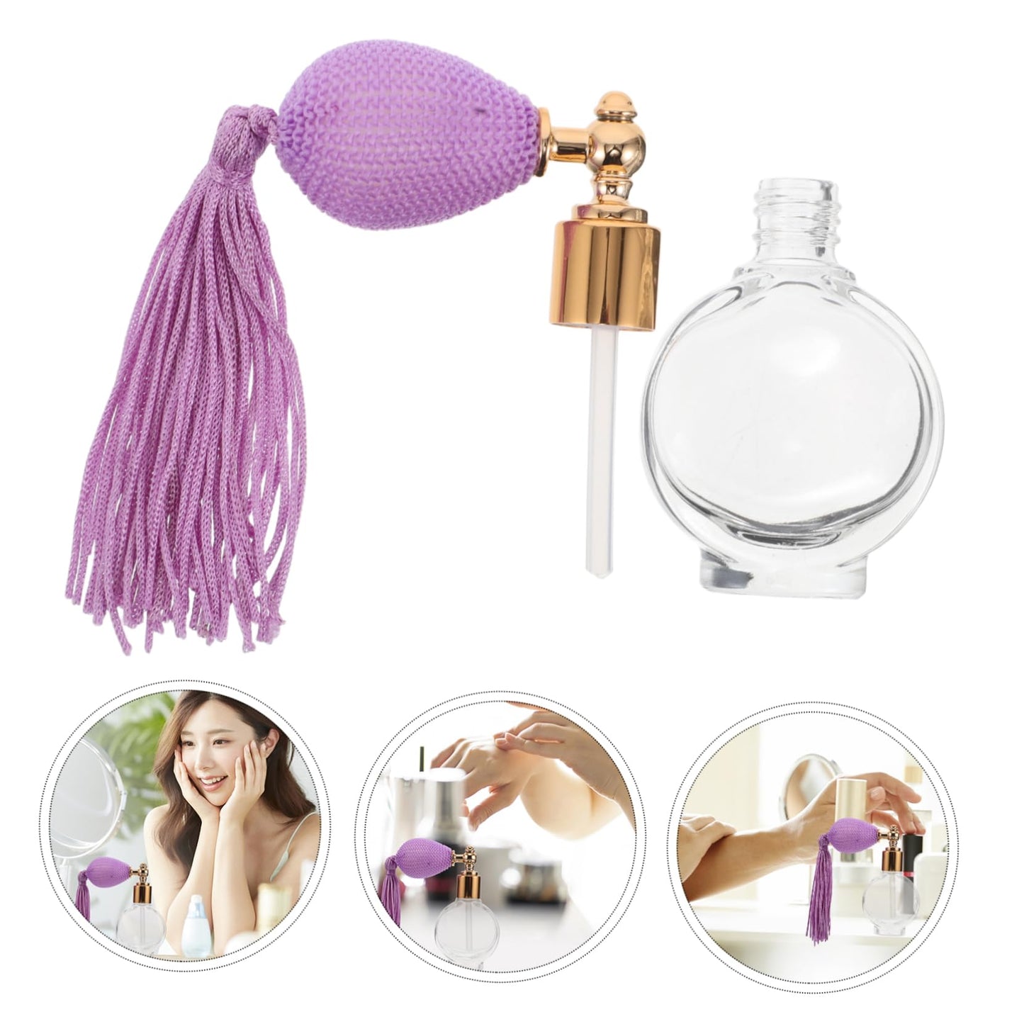 Healvian Refillable Perfume Pump Sprayer Bottle Vintage Style with Tassel Portable Mini Atomizer for Travel Body Powder and Fragrance Compact Makeup Tool 3.26X2.99X0.66In
