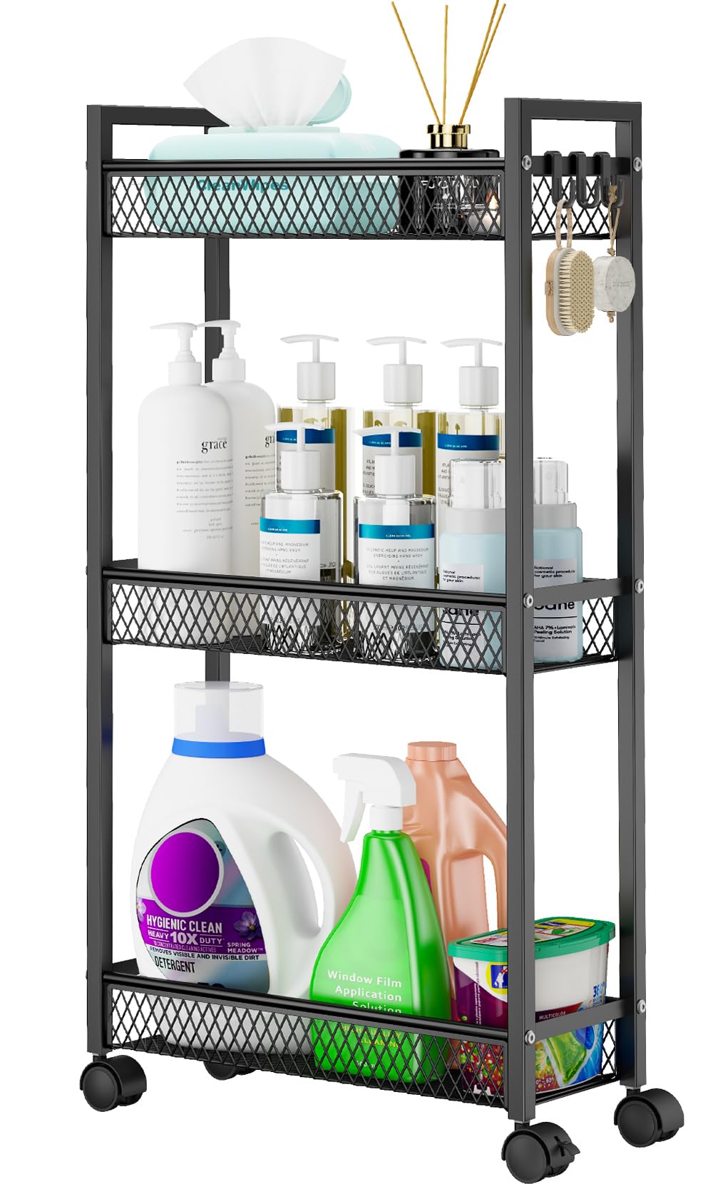 YASONIC Slim Rolling Storage Cart, Metal 3 Tier Bathroom Storage Organizer Laundry Room Utility Cart for Kitchen, Bthroom, Makeup, Craft, Laundry Narrow Places, Black