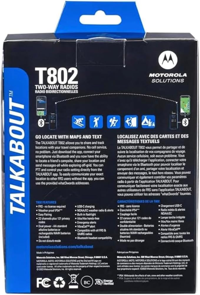Motorola Solutions, Talkabout T802, Portable FRS Two Way Radio 10 Pack Walkie Talkies Blue/Black 22 Channels Bluetooth Capable Rechargeable Location Sharing 10 Radios