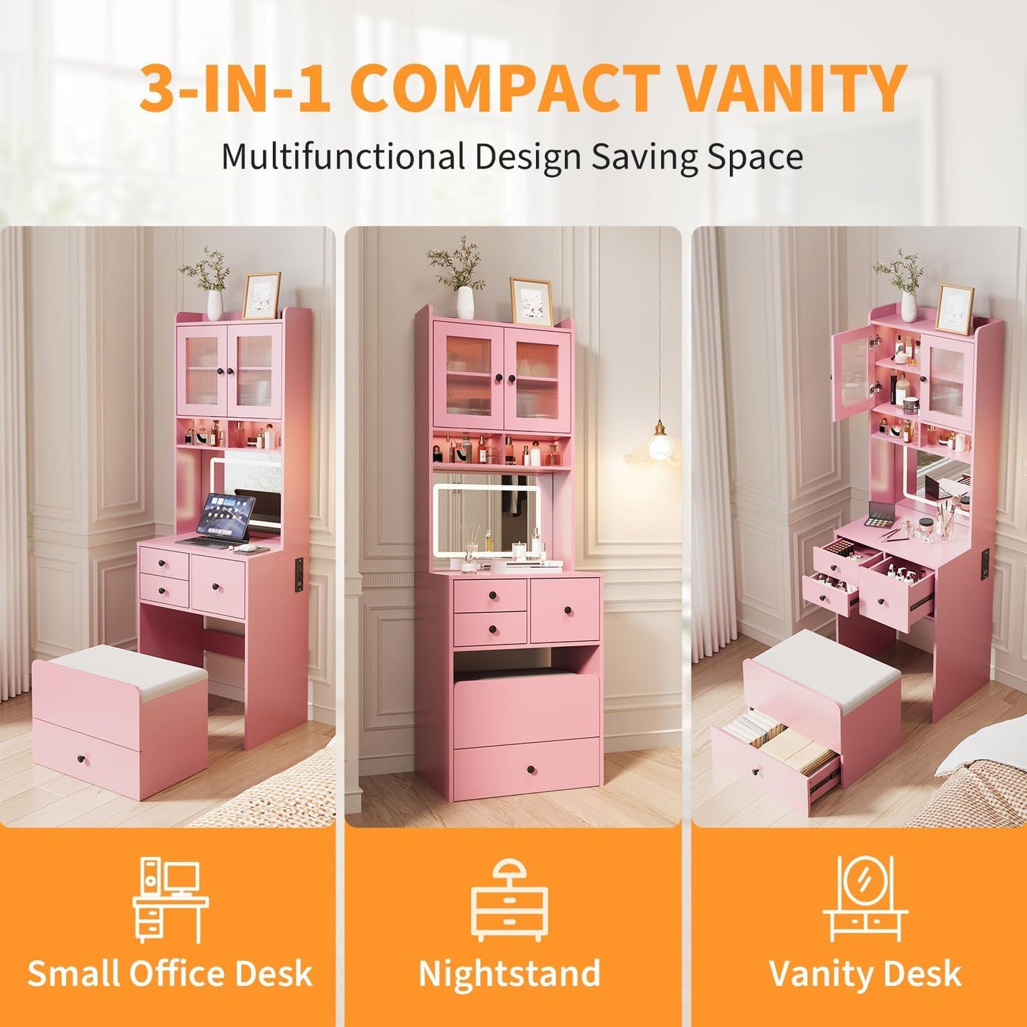 3-in-1 Make Up Vanity Desk with Mirror & Lights, Compact Vanity Table with Drawers, Storage Compartment and Rolling Stool, Modern Small Makeup Vanity and Storage Chair for Bedroom, Powder Room