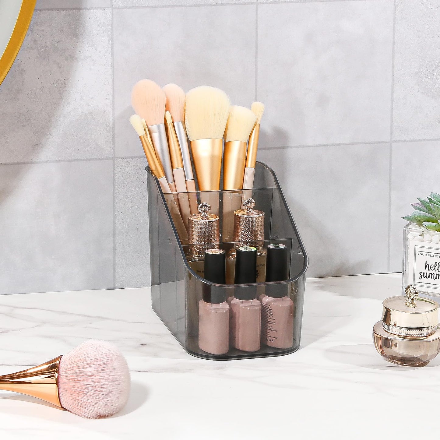 DASITON 3 Slots Makeup Brush Holder, Acrylic Make Up Brush Holder Organizer for Vanity, Bathroom Countertop, Small Makeup Organizer Brush Cup Cosmetic Brushes Storage, Pen Holder for Desk (Grey S)