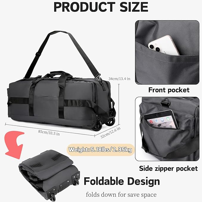 Rolling Duffle Bag with Wheels, 92L 34” Folding Duffle Backpack Soft-Sided with 2 Wheels, 6-way Carry-On Large Travel Bag Men/Women Multiple Pockets for Long Trip, green