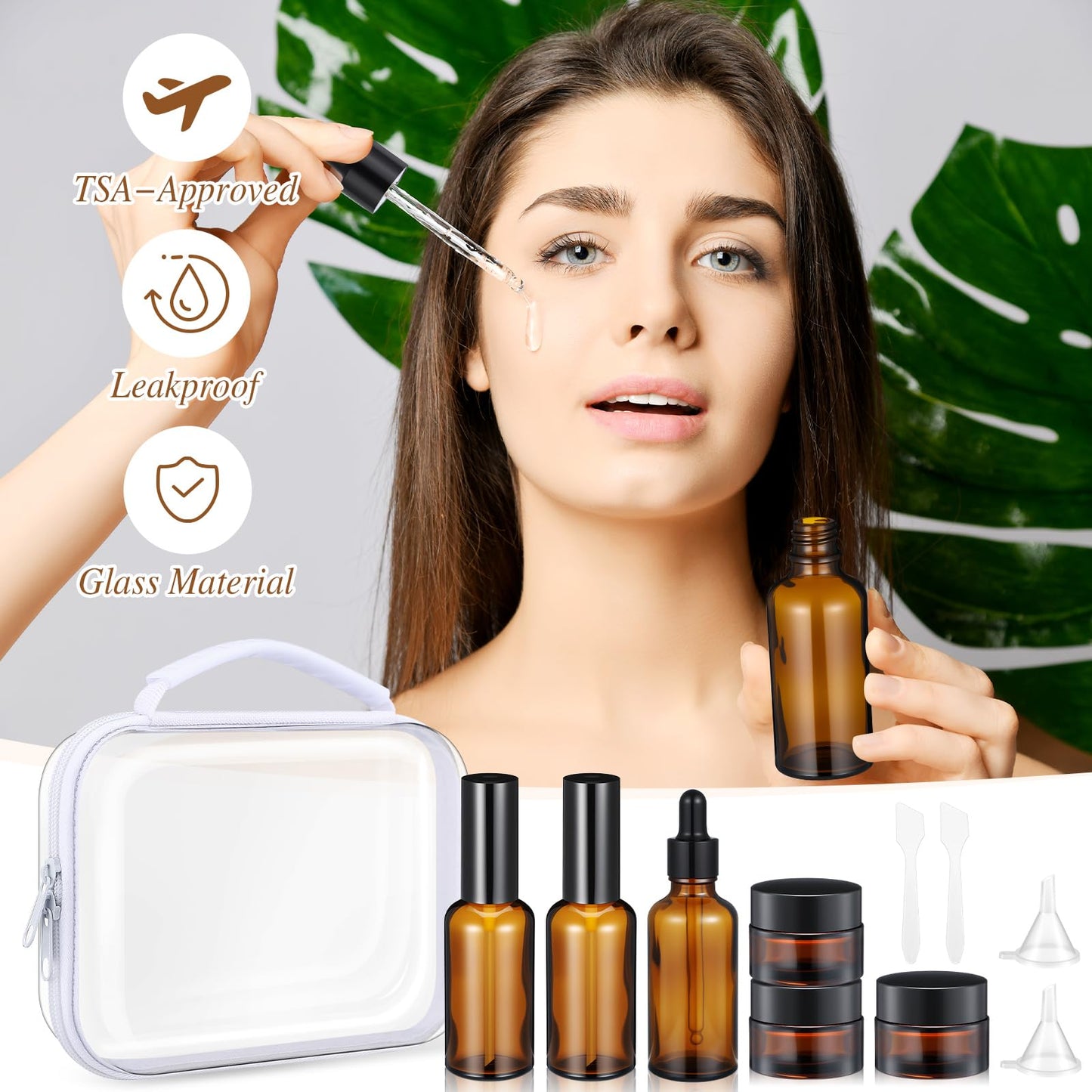 Qiyaz 11 Pcs Glass Travel Bottles with Clear Hard Zipper Case Skin Care Containers Travel Size Mini Makeup Containers Tsa Approved with Pump Spray for Liquid Toners Serum Cream(Brown,Style 2)