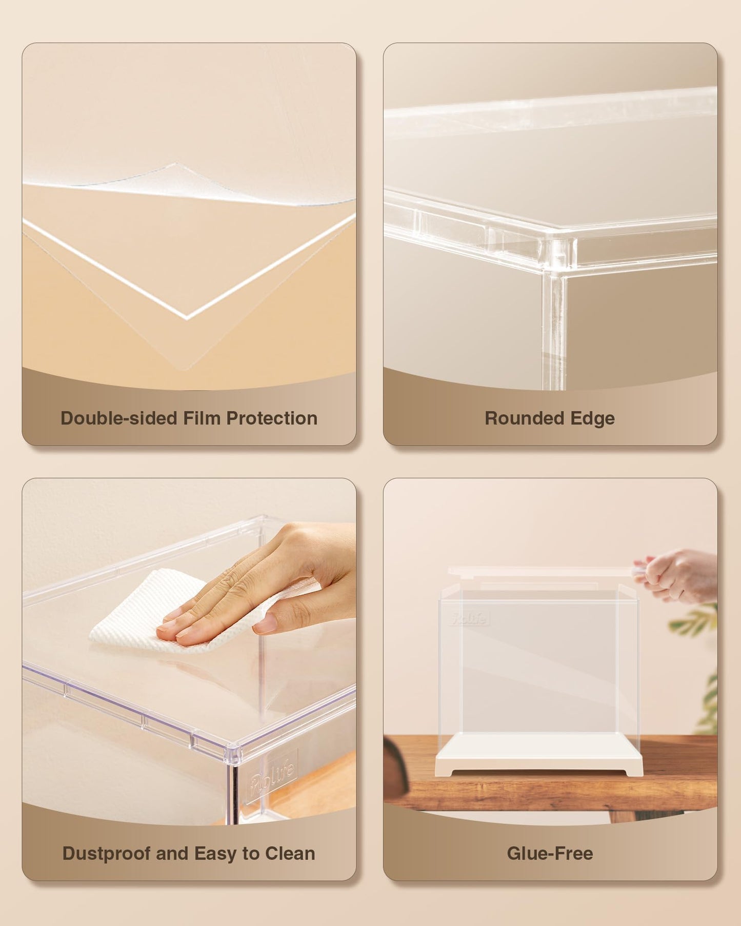 Rolife Clear Acrylic Display Case for Hobby Collectibles, Easy Assemble Dust Cover Showcase Clear Storage Bins, Stackable Storage Plastic Box with Plastic Base