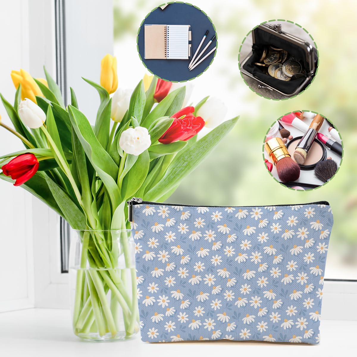 DHKG 4pcs Vintage Floral Makeup Bag, Daisy Flower Cosmetic Bag Garden Gifts for Women Female Girls Sister BFF Nature Lover, Travel Zipper Pouch Christmas Thanksgiving Birthday Gifts