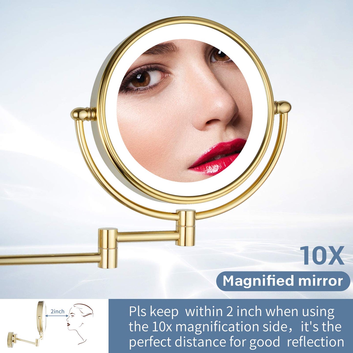 DOWRY 8 Inch Wall Mounted Vanity Makeup Mirror with LED Lighted,360 Swivel Double-Sided 10X Magnification Mirror for Bathroom/Bedroom/Hotel,Gold Finish