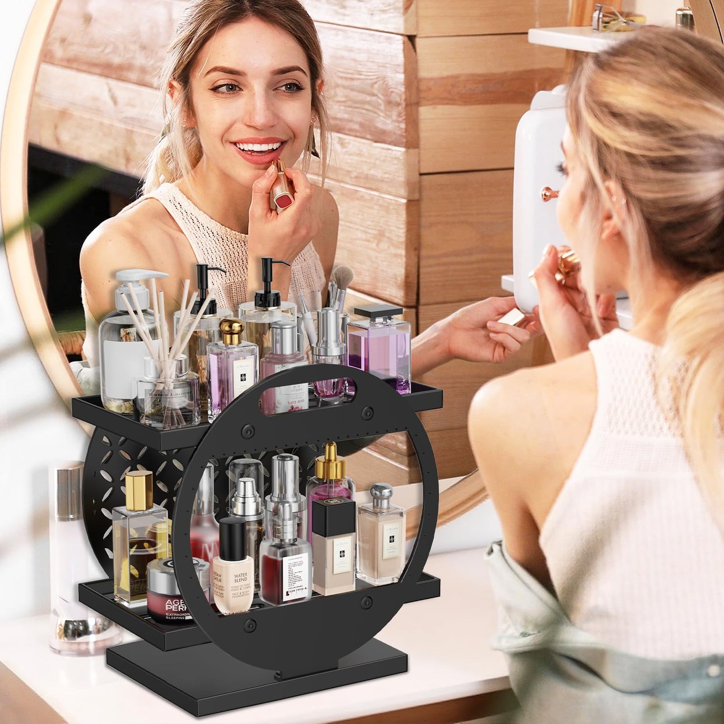 Gouisalin Makeup Organizer for Vanity, 2-Tier Black Perfume Stand Organizer for Dresser, Bathroom Countertop Organizers Bathroom Counter Shelf Skincare Holder Storage Tray Cosmetic Display Rack
