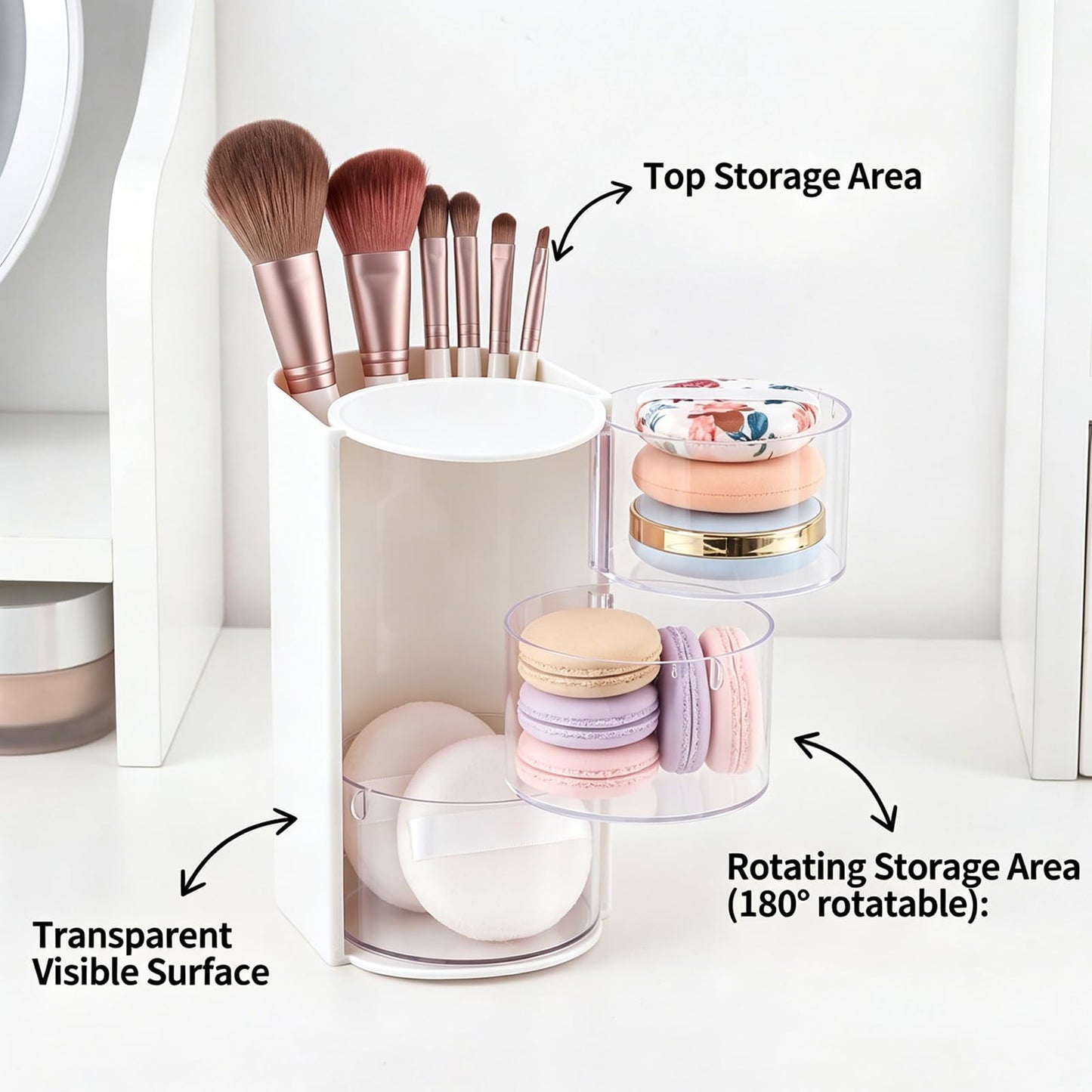 WeiLingBo 3-Layer Hair Accessories Organizer with Hair Brush Holder,Rotatable Makeup Brush Holder for Necklaces,Earring, Bracelet,Ring,Desktop Organizer Case for Cotton Swab(White)