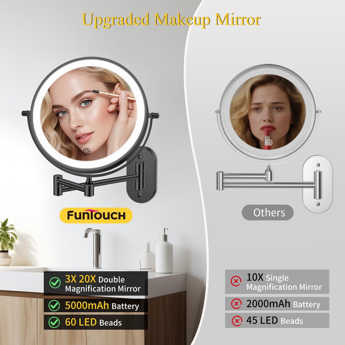 FUNTOUCH 20X/3X Rechargeable Wall Mounted Makeup Vanity Mirror with Lights, Double Sided Magnifying Wall Mount Mirror,3 Color Lighting, Touch Screen Dimming,Extension Arm 360 Rotation Wall Mirrors