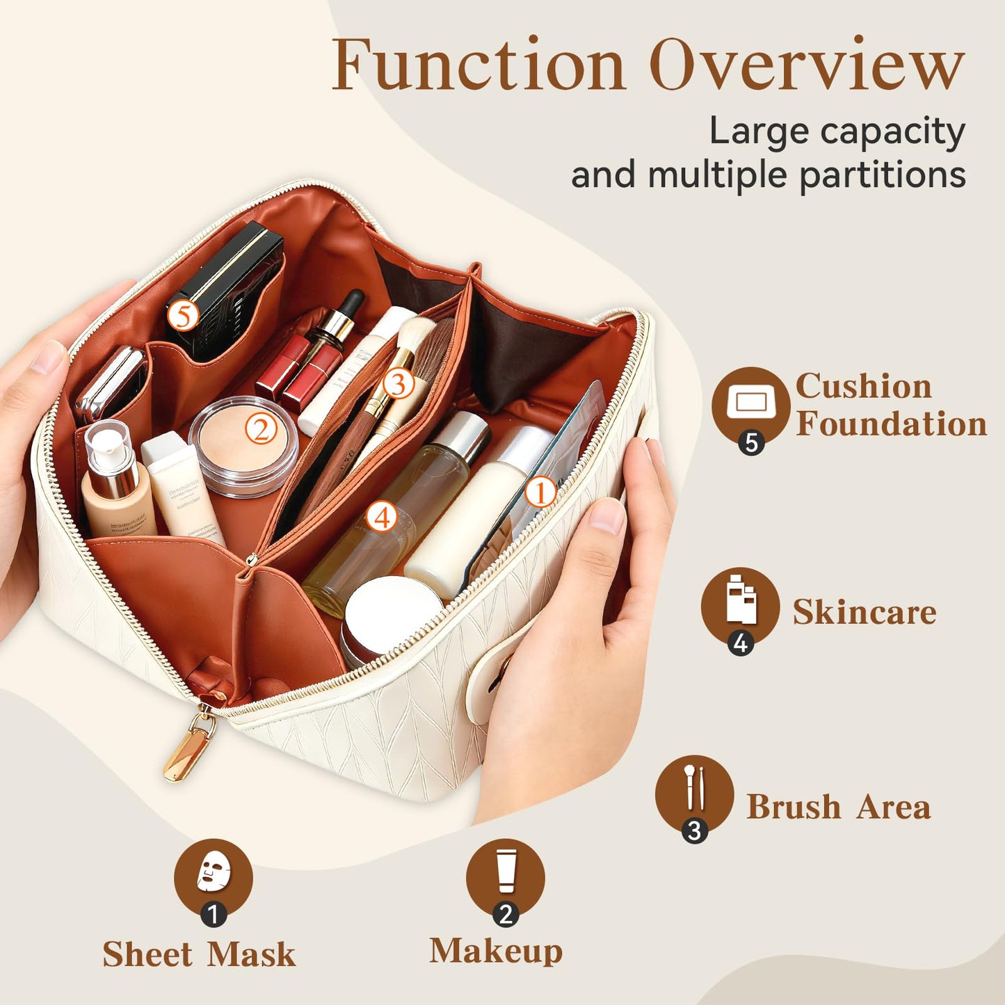 IDELCHOIS Travel Makeup Bag Large Capacity Cosmetic Bags for Women, Waterproof Toiletry Bag Open Flat Makeup Bag with Compartments and Handle, Portable Cosmetic Organizer Pouch, Wheat-White