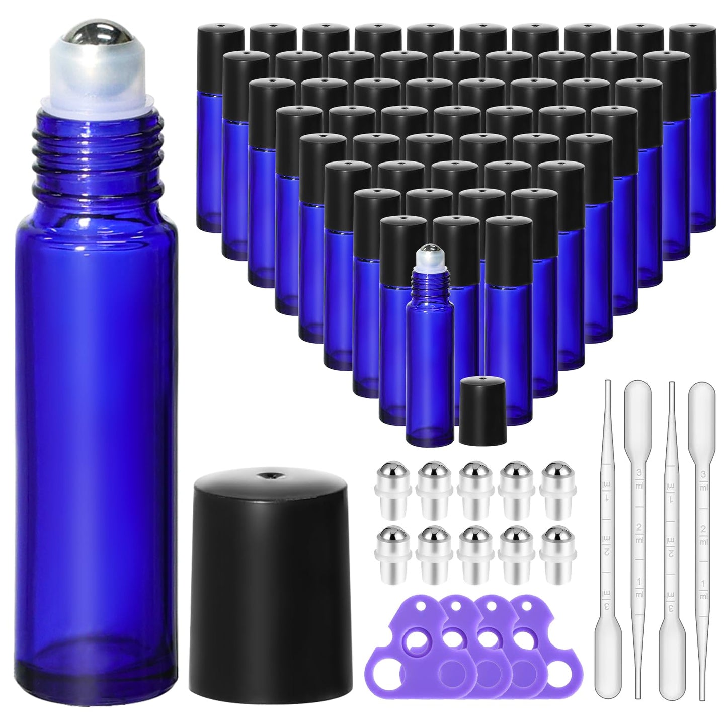 KEYWING 54 Pack Blue Essential Oil Roller Bottles – 10ml Glass Roll-On Bottles with Stainless Steel Roller Balls & Caps, Refillable Perfume Containers for Travel & DIY
