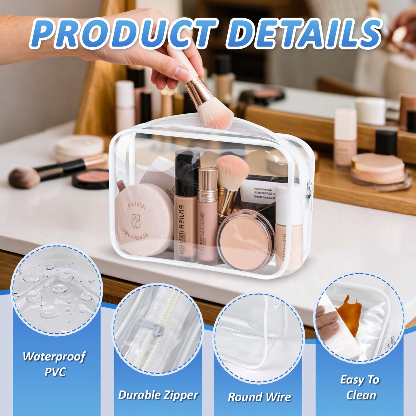CHICAUP Clear Makeup Bags Plastic Cosmetic Bag TAS Toiletry Bag for Travelling PVC Clear Pouch Organizer Bag for Women (4, white, Multisize)