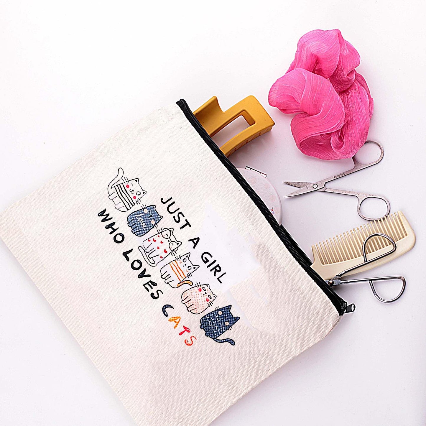 Pebarmnt Cat Lovers Makeup Bag Canvas Cosmetic Pouch with Cute Cats Design Just A Girl Who Loves Cats (cat)
