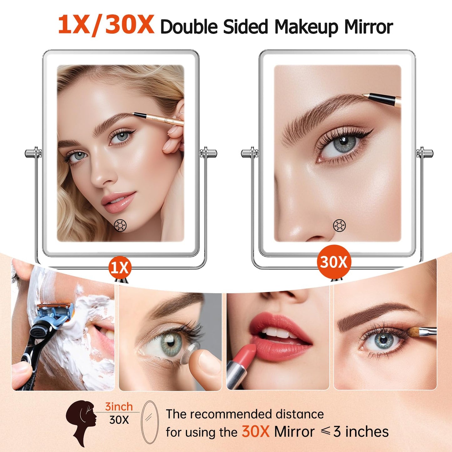 FUNTOUCH 5000mAh Rechargeable Wall Mounted Makeup Mirror with Lights, 8.7" Double Sided 1X/30X Magnifying Mirror with Dimmable 3 Color Light, Extended Swing Arm 360° Wall Mount Bathroom Vanity Mirror