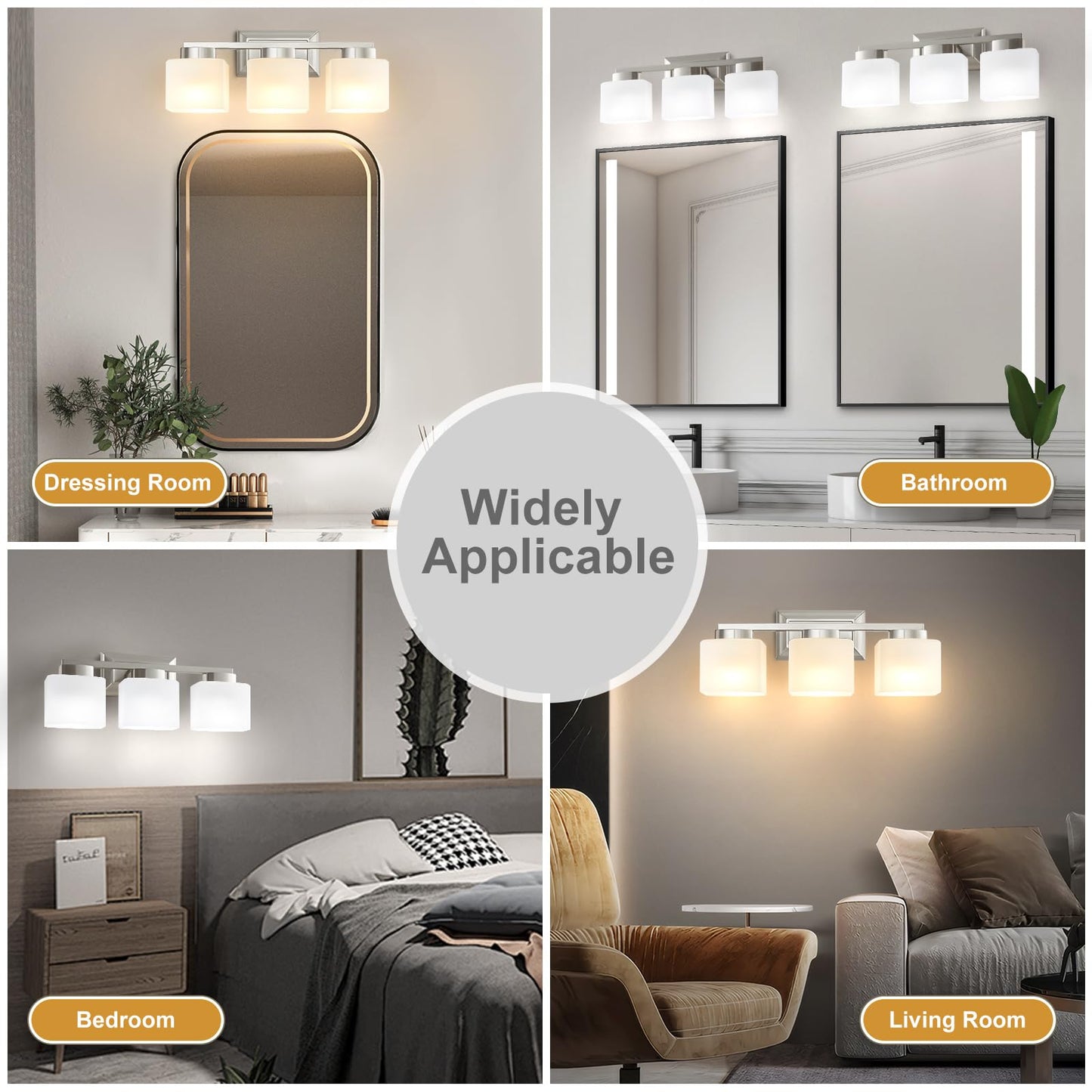 EJIAXIN 3-Light Bathroom Light Fixtures - Brushed Nickel Bathroom Vanity Lights with Glass Shade Modern Bathroom Lighting Fixtures Over Mirror - Wall Sconce Lamps for Bedroom,Living Room,Hallway