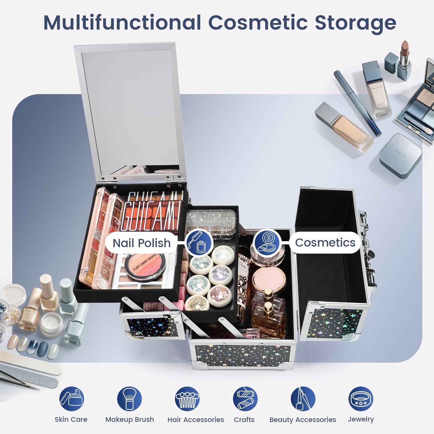 Joligrace Makeup Train Case Portable Cosmetic Box 2 Trays with Mirror Lockable for Makeup Nail Tech and Beauticians Traveling Makeup Storage Organizer - Black Star