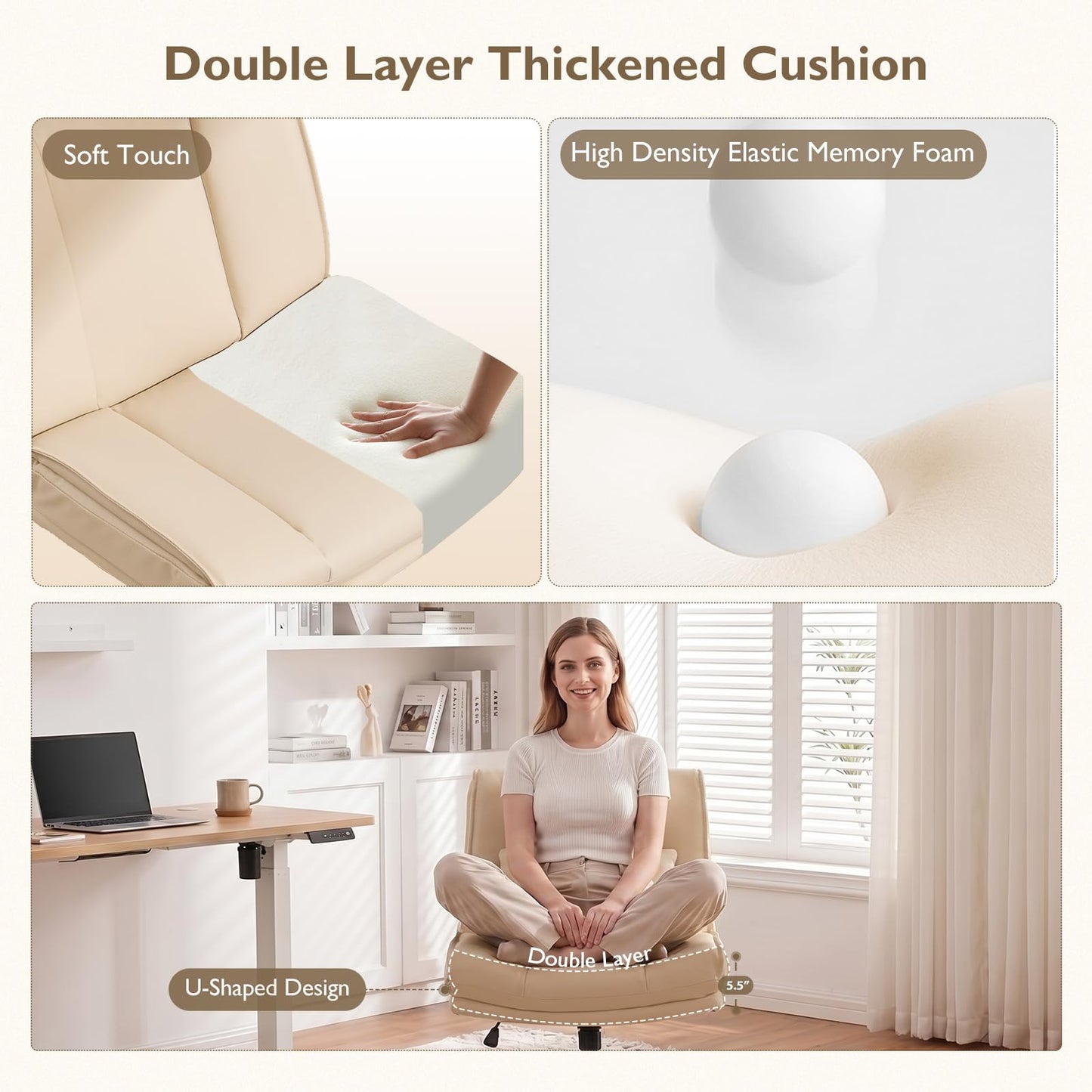 BIAOZHIKE Armless Criss Cross Office Chair with Wheels,PU Leather Beige