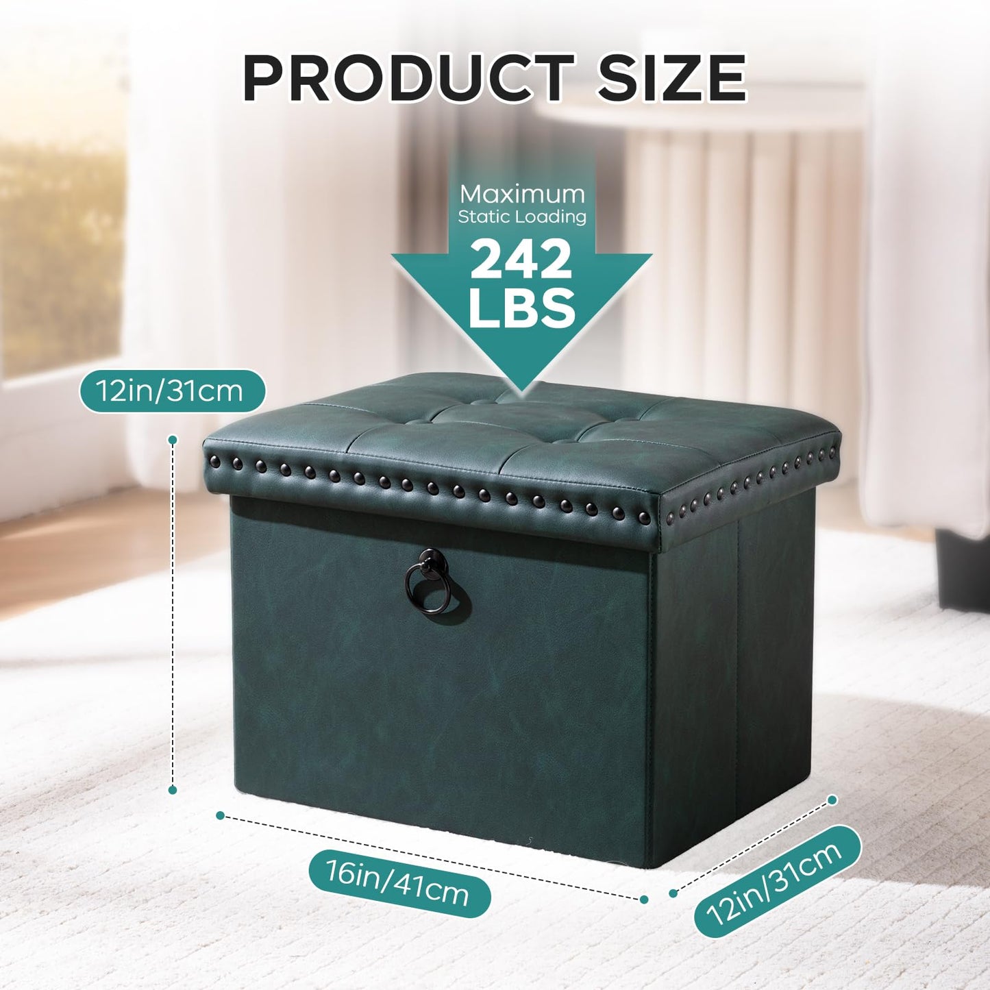 oakvivo Small 16 x 12 x12 Inches Folding Storage Ottoman, Faux Leather Foot Rest Stool with Rivet Design, Ottoman with Storage Vanity Stool Coffee Table for Living Room, Bedroom, Load 242 lbs, Green