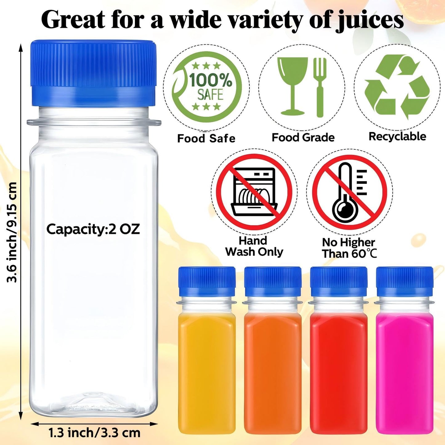 Roshtia 100 Pcs 2oz Small Clear Plastic Juice Bottles with Lid for Liquids Reusable Ginger Shots Bottle Vial Beverage Container Leak Proof Mini Jars for Juice, Milk, Water(Blue)