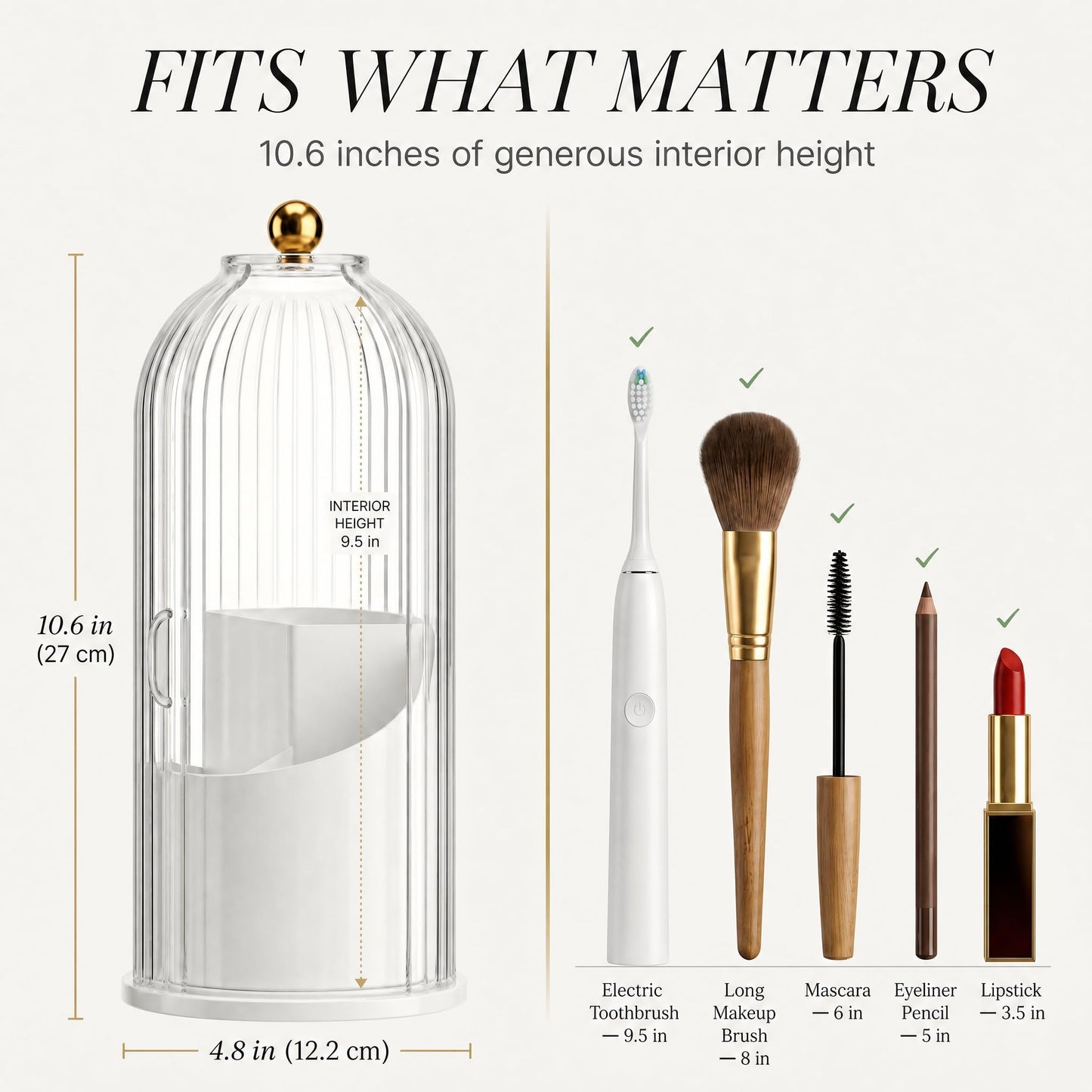 Imakmasion Rotating Makeup Brush Holder with Lid, 360° Cosmetic Organizer for Vanity Countertop, 3-Slot Fluted Brush Storage with Dustproof Cover, Bathroom Display Case, Clear, Transparent