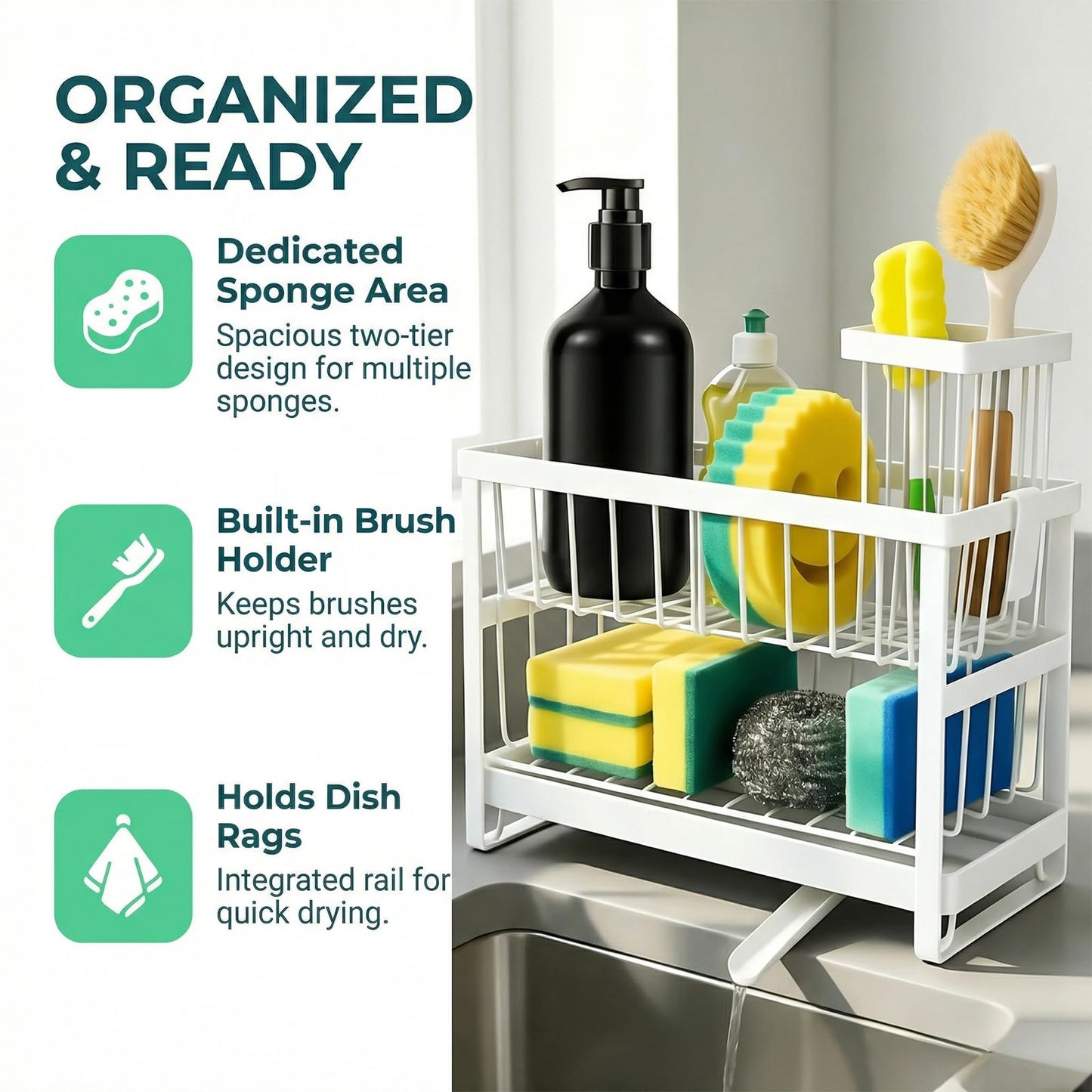 ARKFUSION 2-Tier Sponge Holder for Kitchen Sink, Self-Drain Caddy with Brush Holder, Countertop Organizer for Sponges, Brushes, and Dish Rags（White）