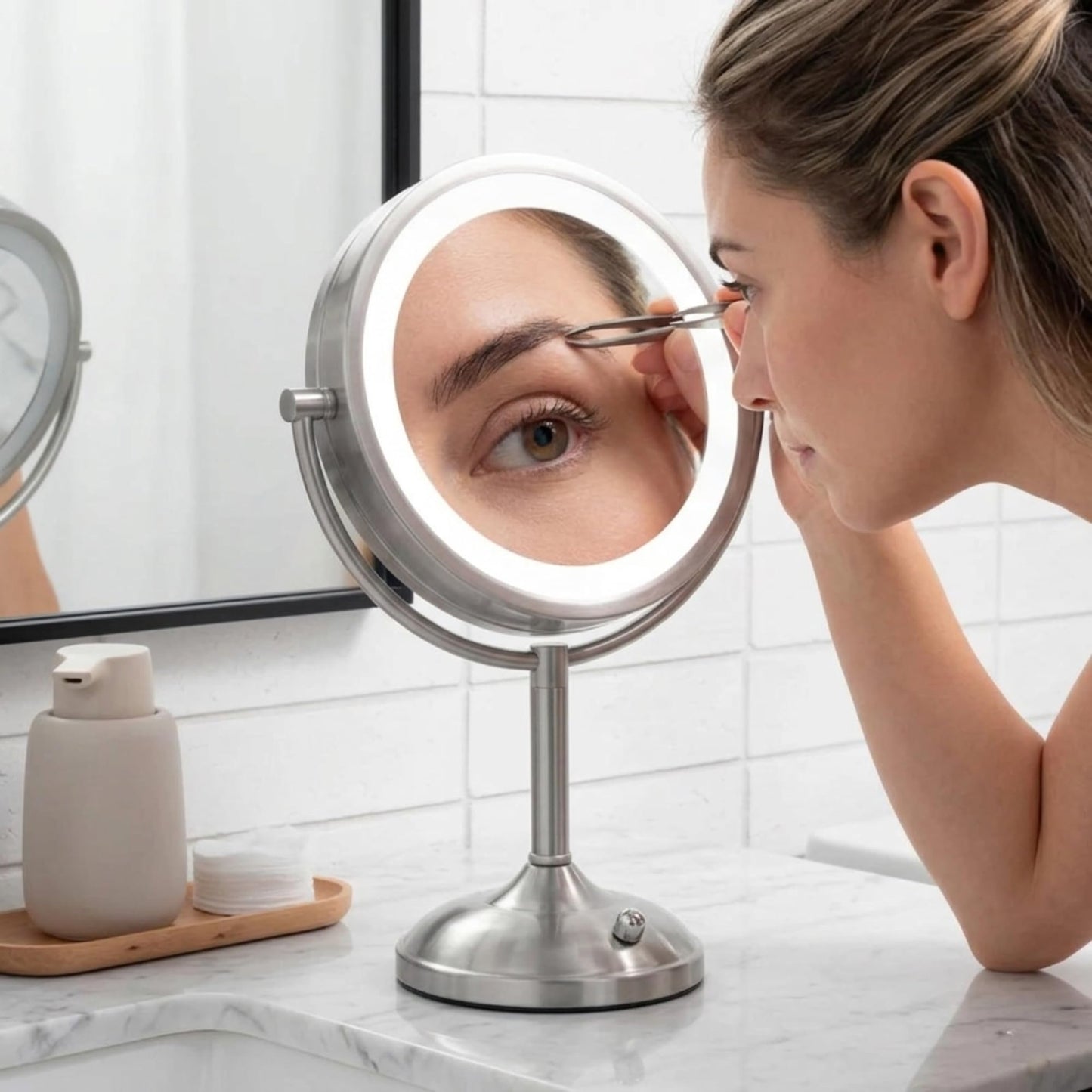 JERDON Lighted Tabletop Mirror with 10X/1X Magnification - LED Lighted Makeup Mirror with Multiple Light Settings in Nickel Finish - 8.5-Inch Diameter Vanity Mirror - Model JS8510BN