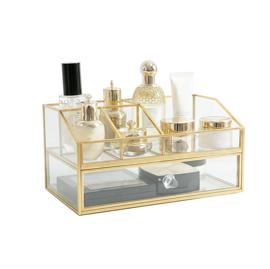 JIARI Glass Makeup Organizer with Drawer, Gold Brass Frame Jewelry Display Box, Nordic Style Cosmetic Storage for Vanity Bathroom Bedroom Office, 9.44x5.43x4.92 Inches (Storage Box-2 Tier)