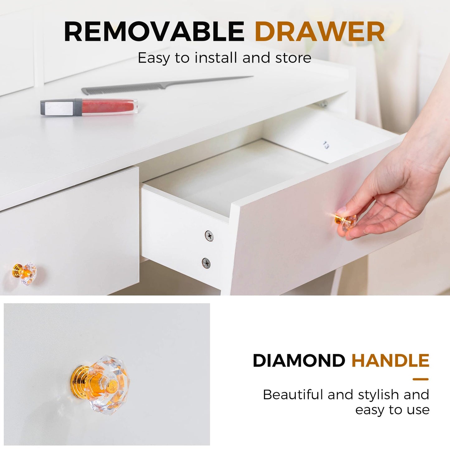 COMHOMA Makeup Vanity Desk with Mirror and Lights, Vanity Table and Chair Set with 5 Drawers & Charging Station, Modern Dressing Table for Girls, Stepless Dimmable & 3 Color Adjustable, Pearl White