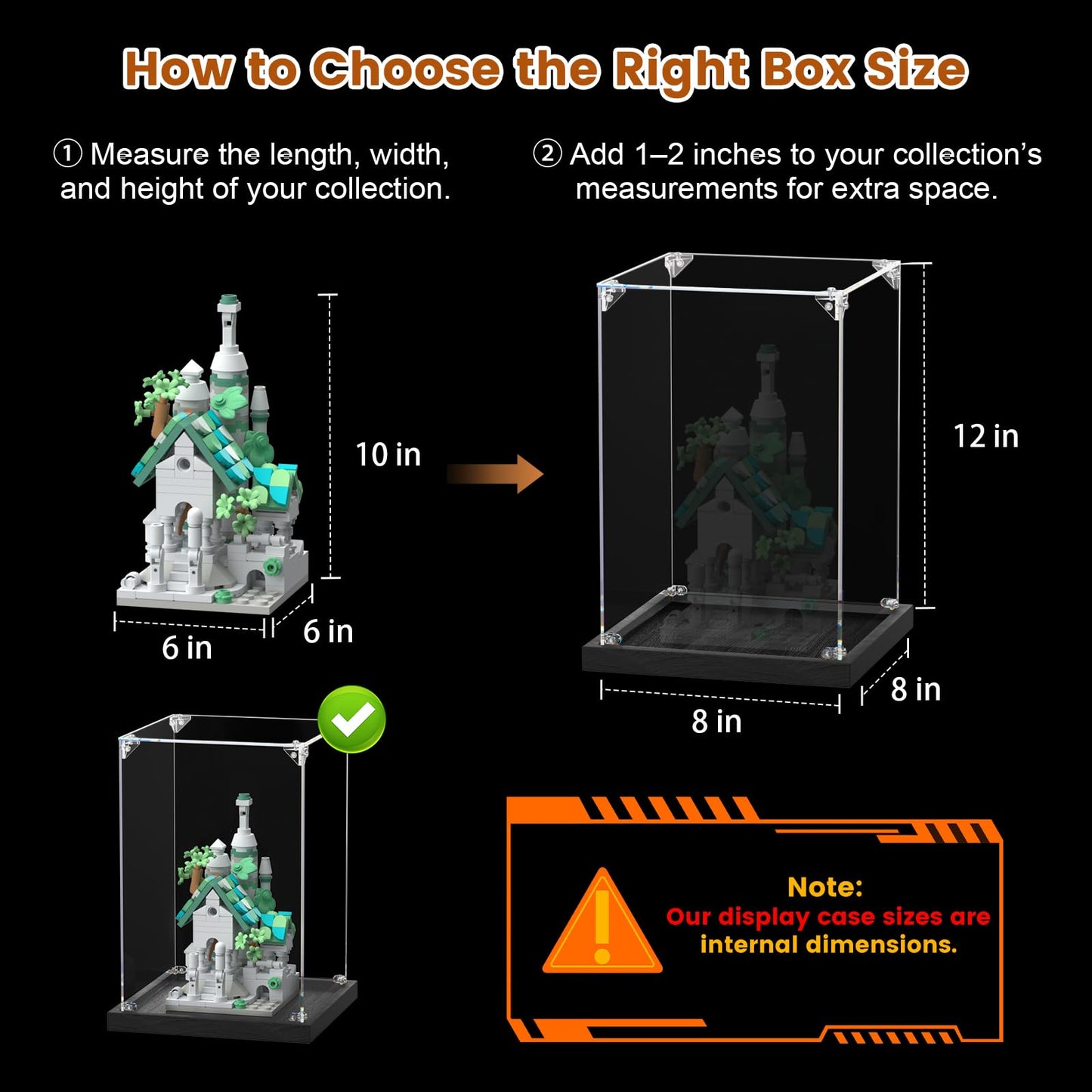 JUJOMAT Acrylic Display Case for Collectibles Clear Acrylic Display Box for Lego Action Figures Doll Hobby, Dustproof Stackable Storage Case, Assembly Required, Black Base (6 x 6 x 8 inches)