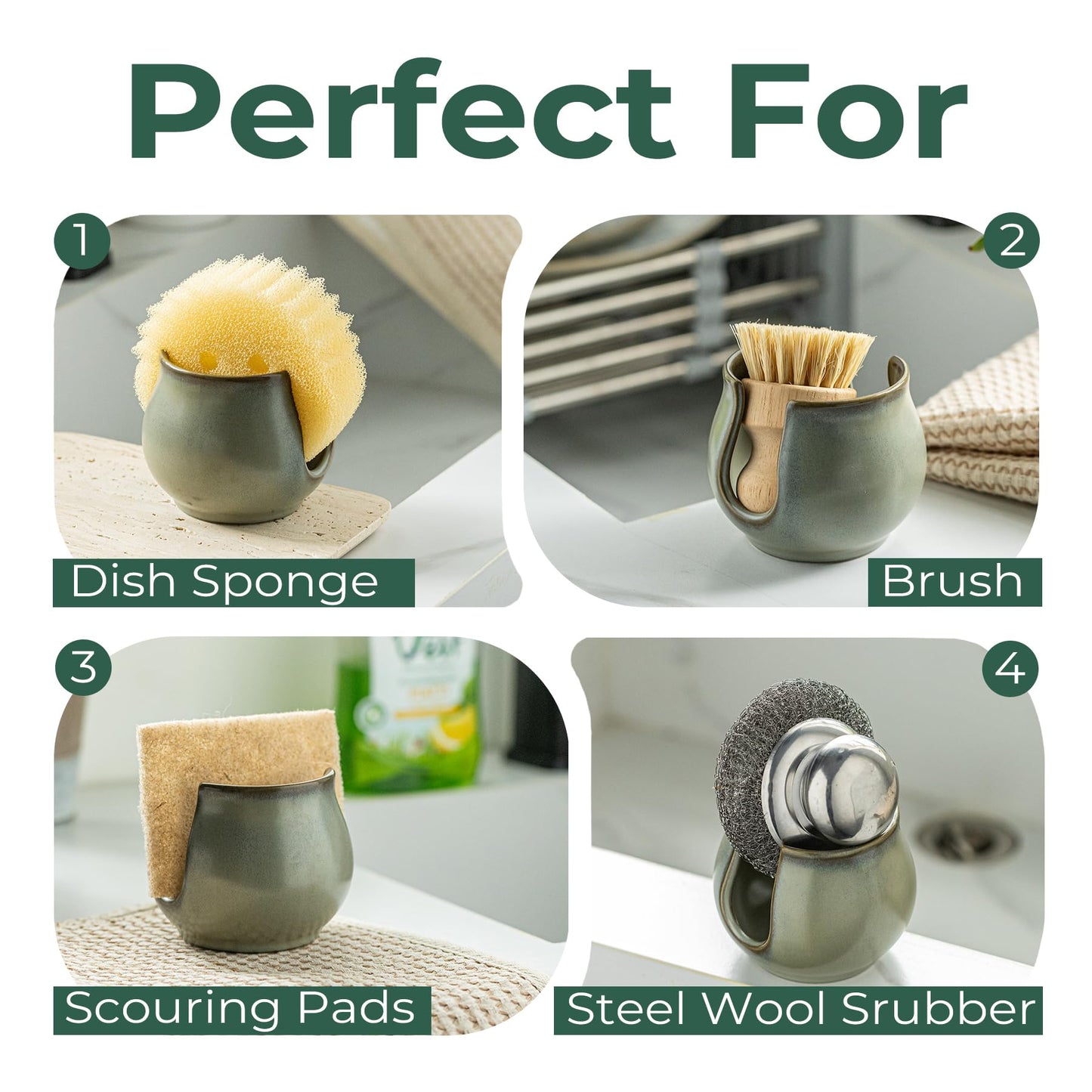 Zoeeker Sponge Holder for Kitchen Sink, Ceramic Dish Sponge Caddy Drying Rack Farmhouse Brush Holder Scrubby Organizer for Bathroom, Kitchen, Dark Green