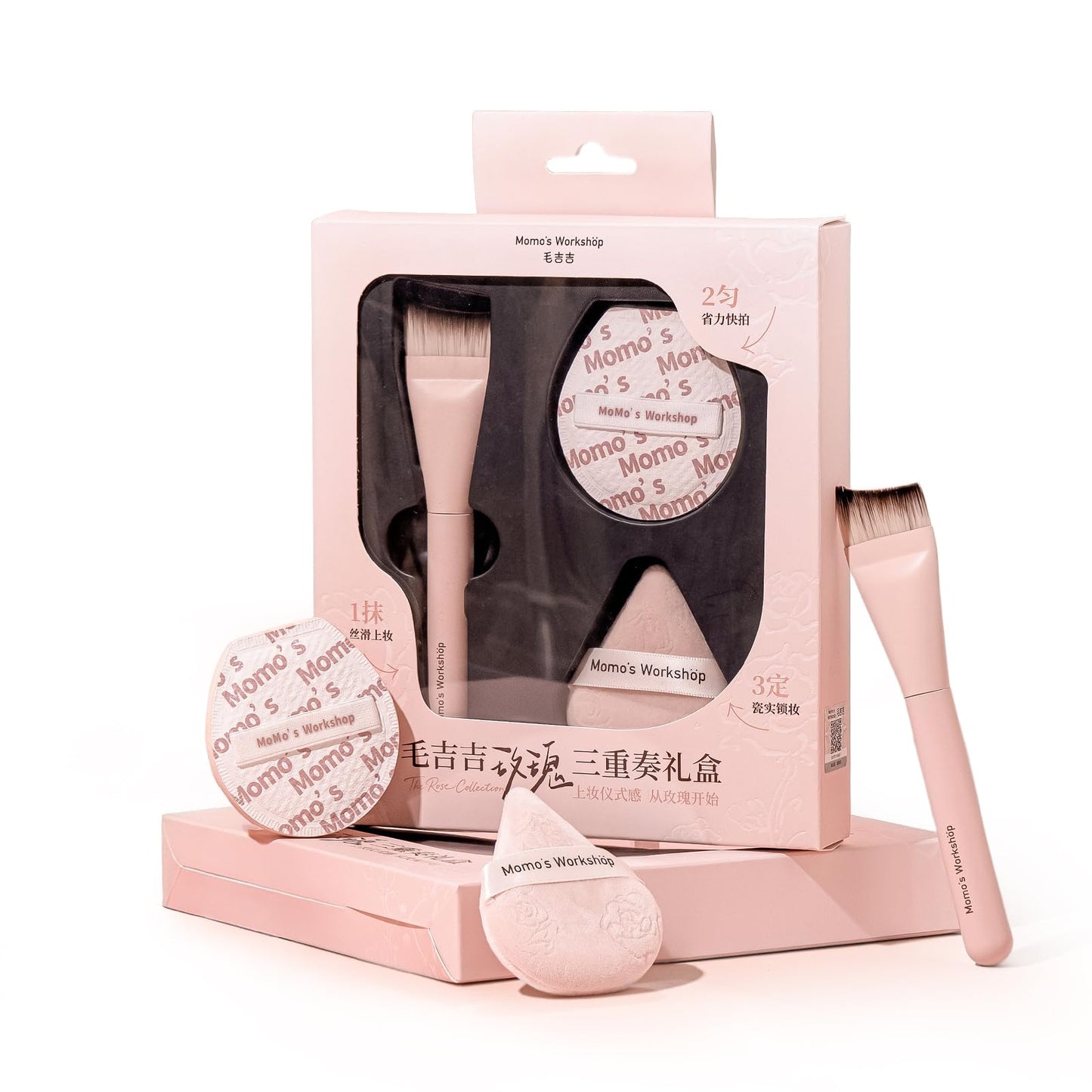 Momo's Workshop Rosy Reverie Trio Makeup Brush and Sponge Set–Pink & White 3-Piece Kit for Foundation and Powder& Fish Tail Brush, Flat Blending Sponge & Velour Powder Puff for a Flawless Finish