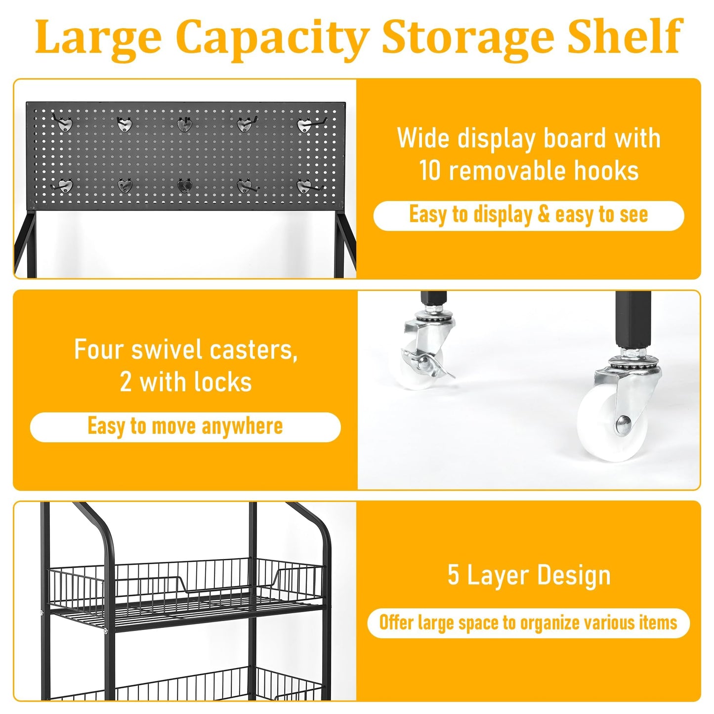 Wpokke Retail Snack Display Stand, 5-Tier Black Metal Storage Shelf Rack with Wheels & Hooks, Heavy Duty Retail Display Shelves for Snacks, Candy, Chips, Drinks, Organizer Rack for Store, Supermarket