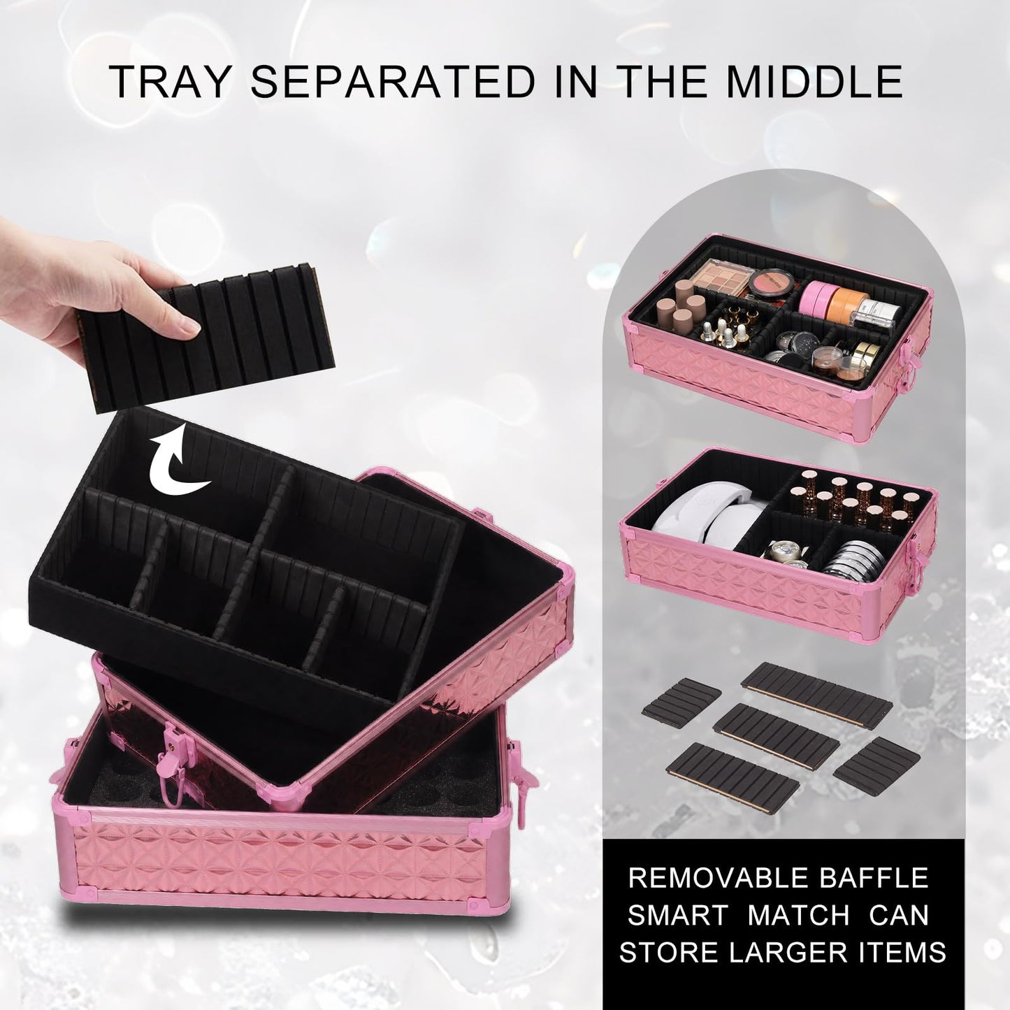 Rolling Makeup Train Case 6 in 1 with Mirror & Lock, Professional Makeup Travel Case, Large Cosmetic Organizer for Cosmetologists & Nails, Bonus 4 Replacement Wheels (6, Gold Pink Holographic)